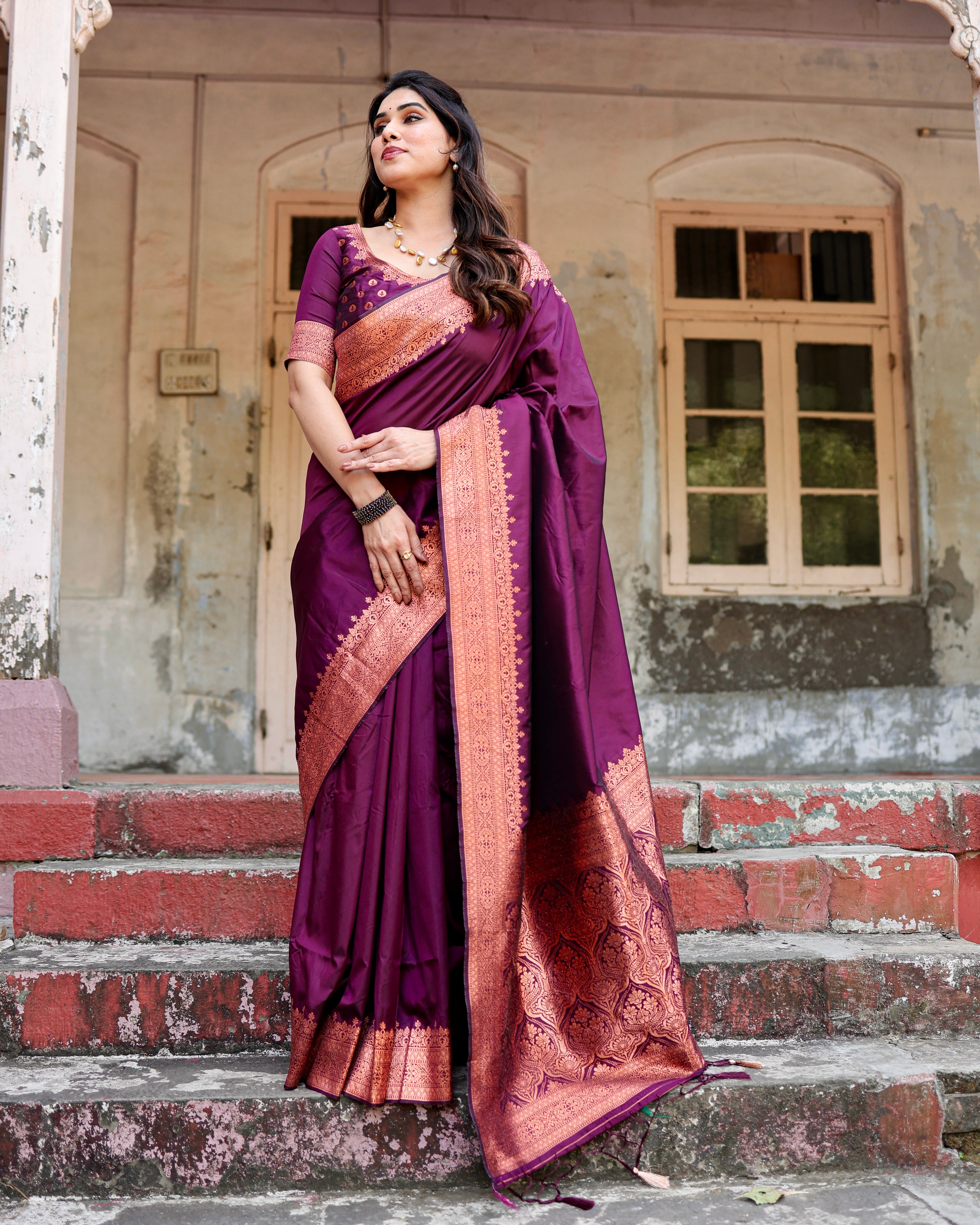 Sareely Wine Women's Jacquard Silk Ethenic Wear Beautiful Saree With Unstiched Blouse