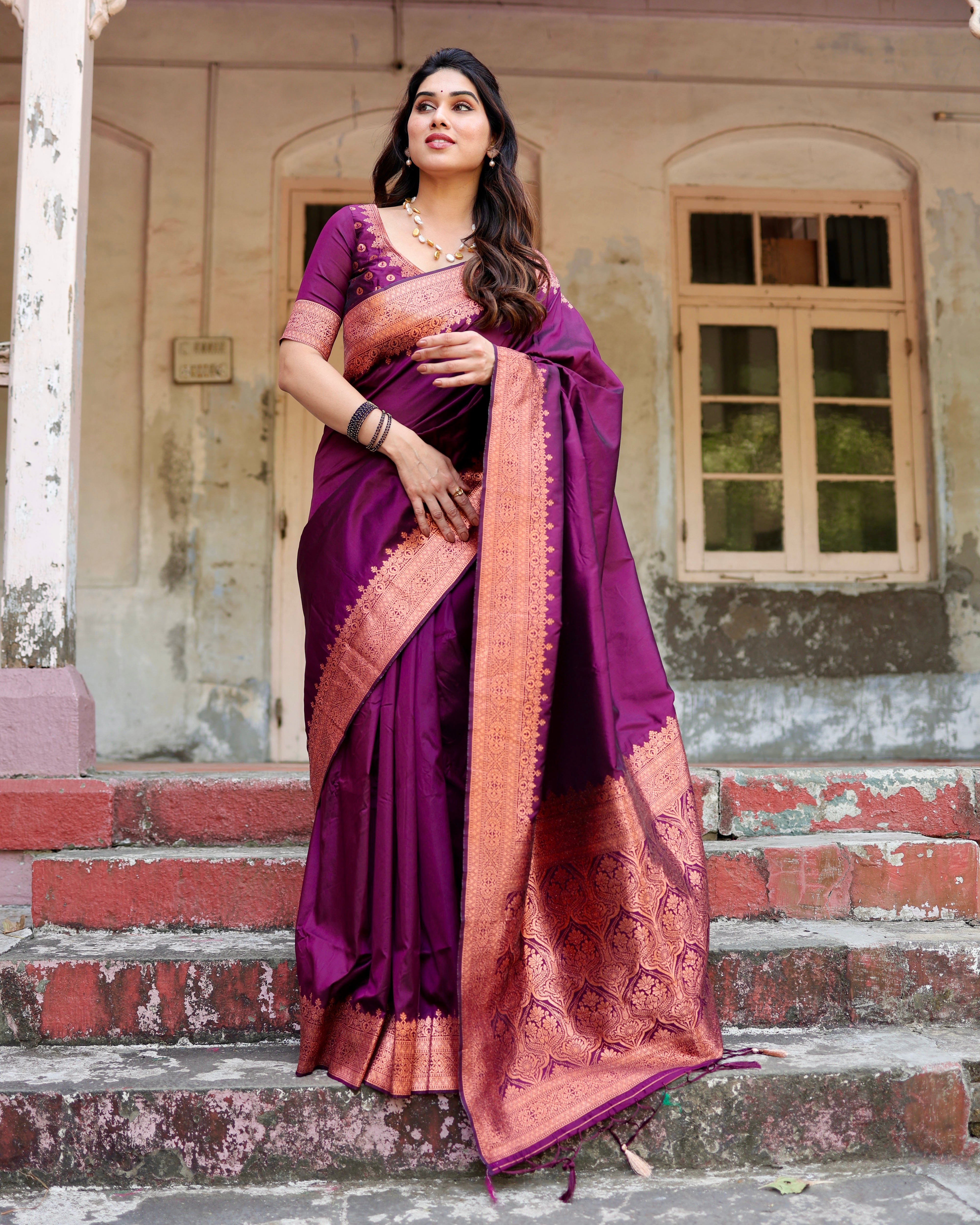 Sareely Wine Women's Jacquard Silk Ethenic Wear Beautiful Saree With Unstiched Blouse