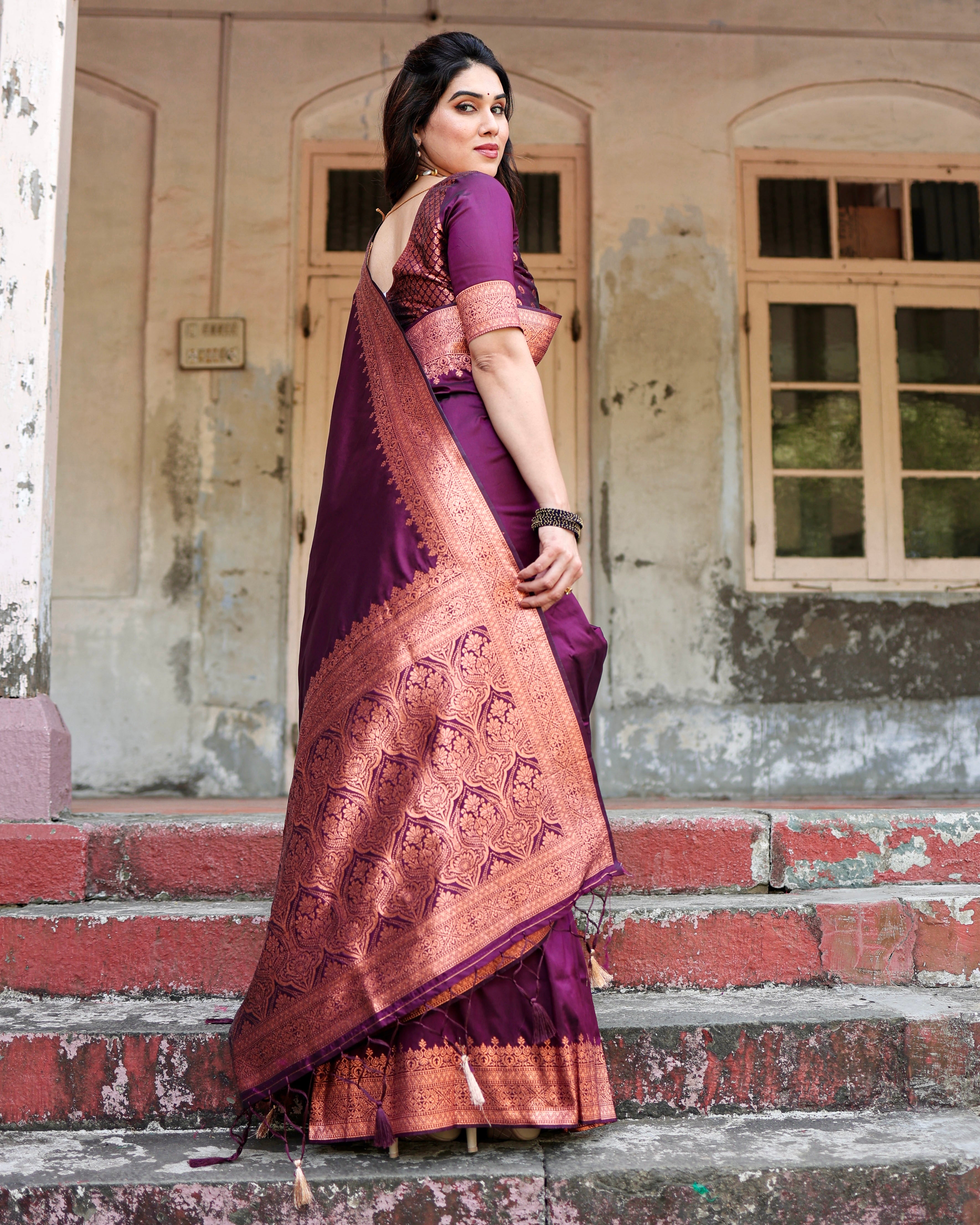 Sareely Wine Women's Jacquard Silk Ethenic Wear Beautiful Saree With Unstiched Blouse