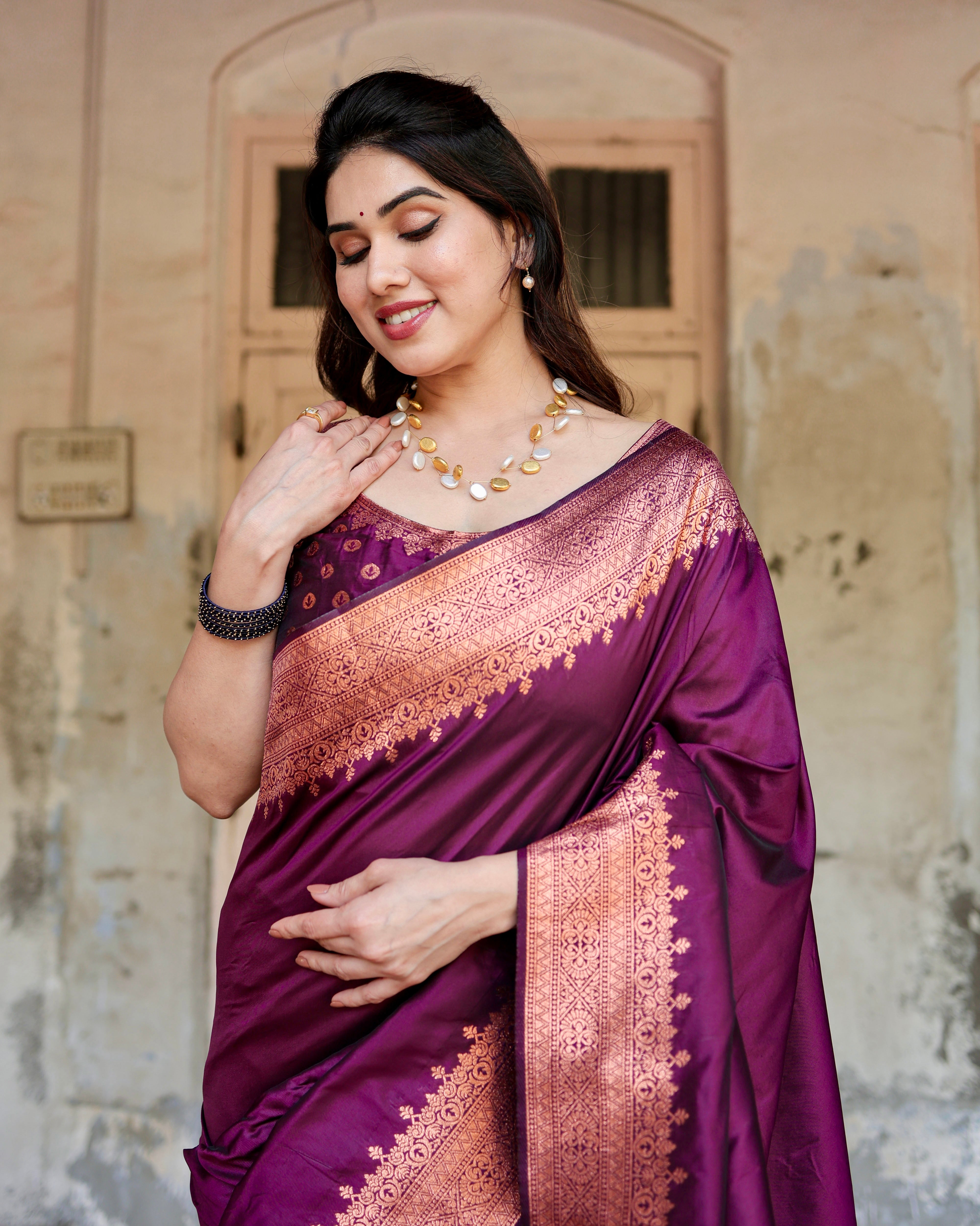 Sareely Wine Women's Jacquard Silk Ethenic Wear Beautiful Saree With Unstiched Blouse