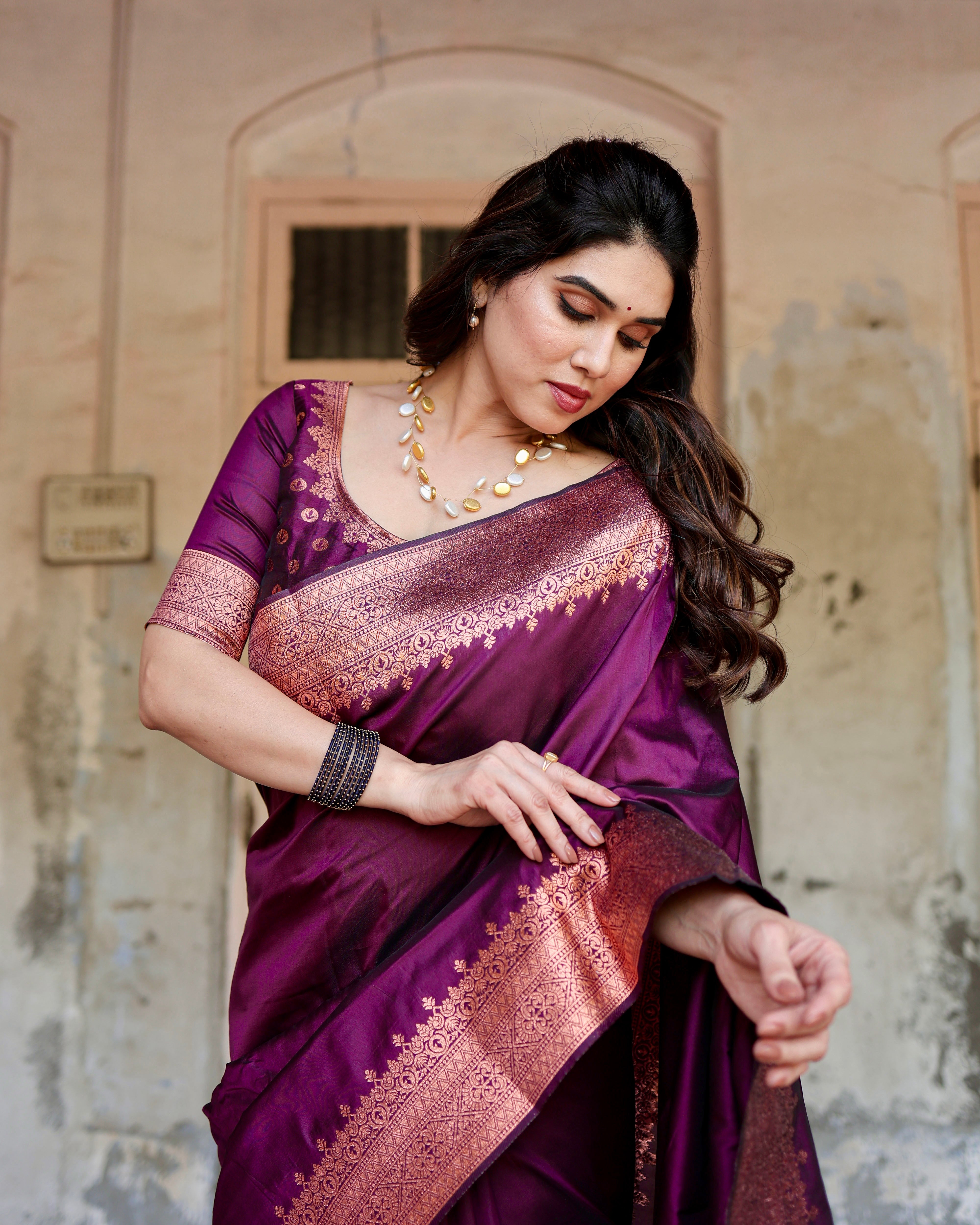 Sareely Wine Women's Jacquard Silk Ethenic Wear Beautiful Saree With Unstiched Blouse