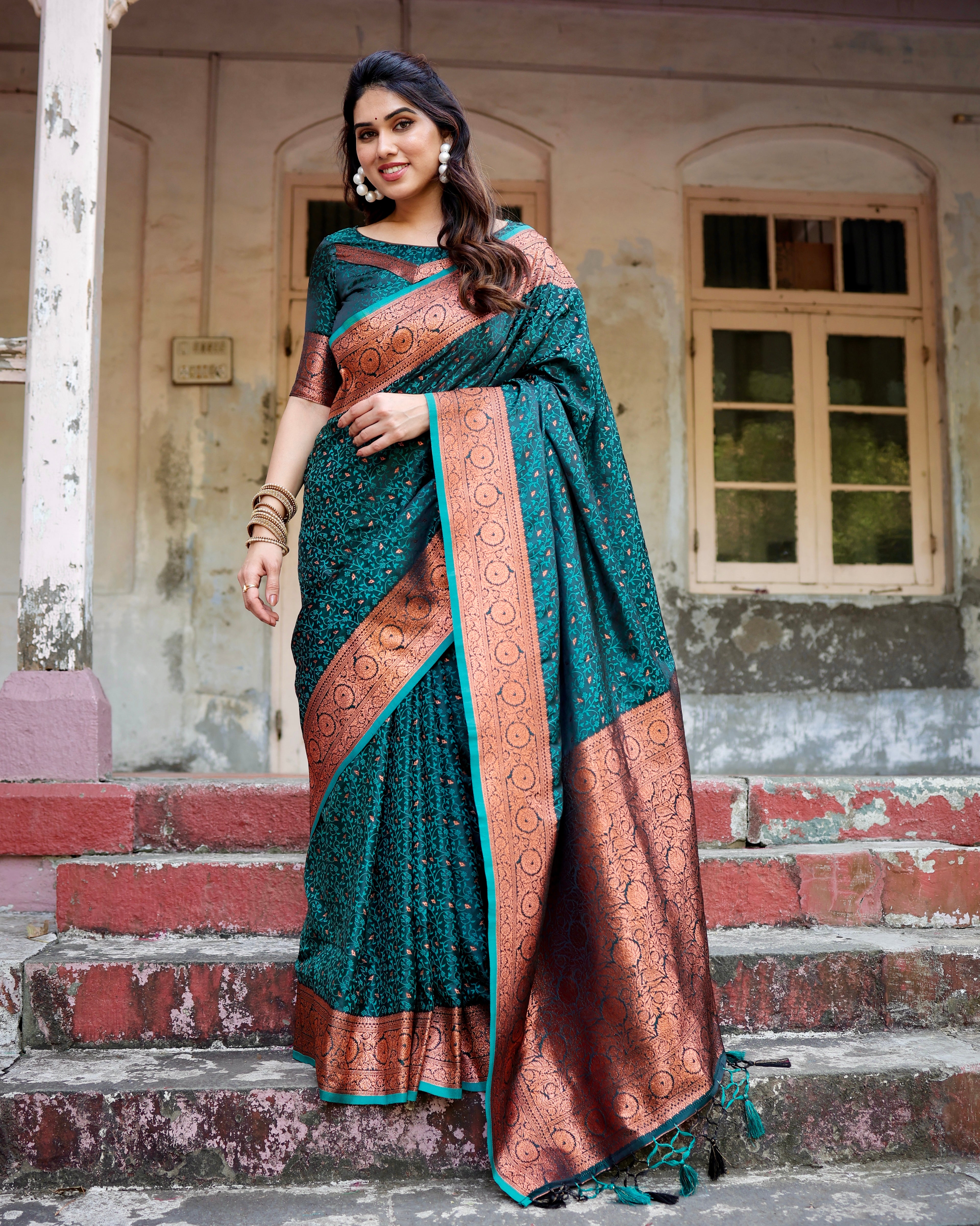 Pure Rama Gaji Silk Saree With Zari Work With Tassels