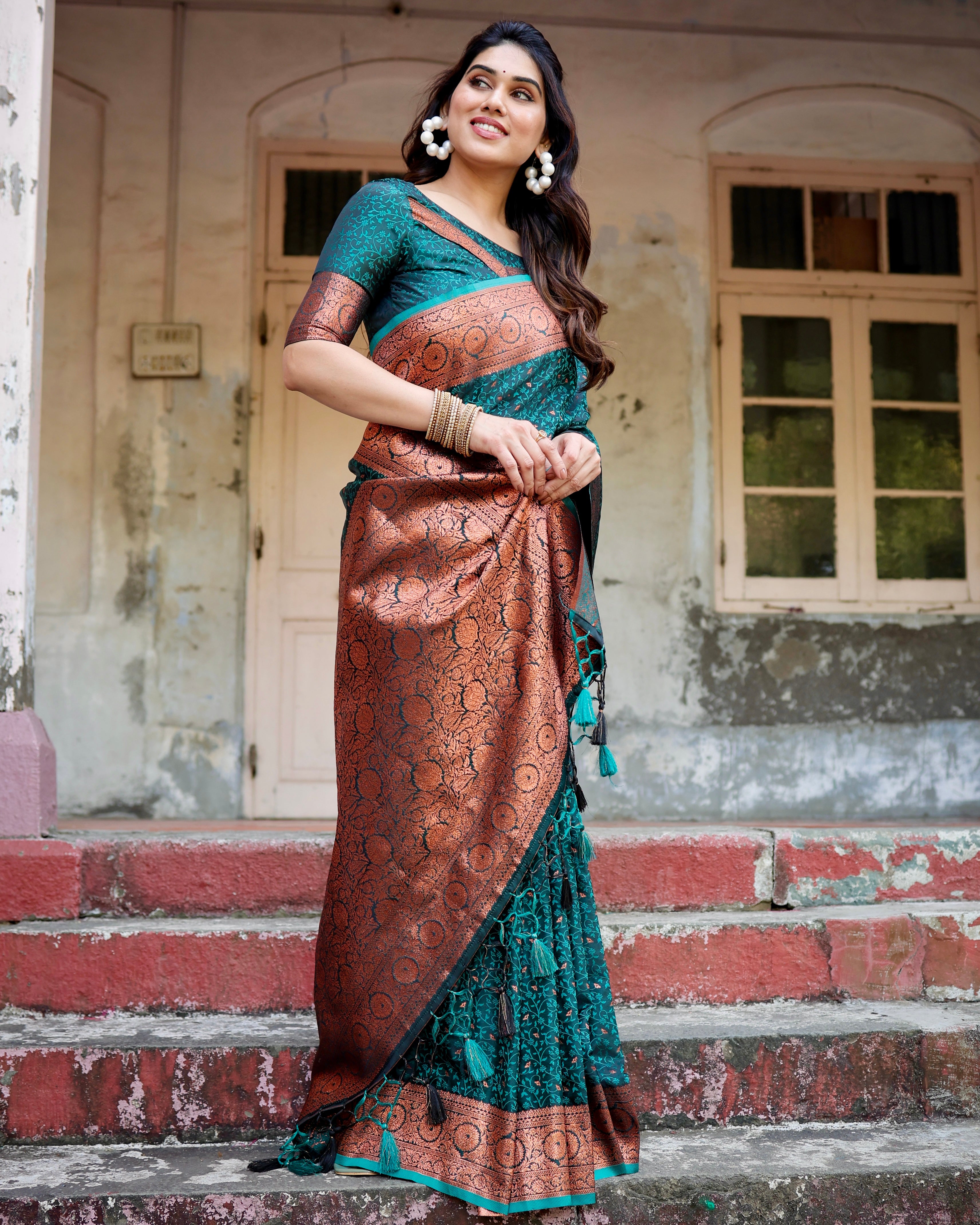 Pure Rama Gaji Silk Saree With Zari Work With Tassels