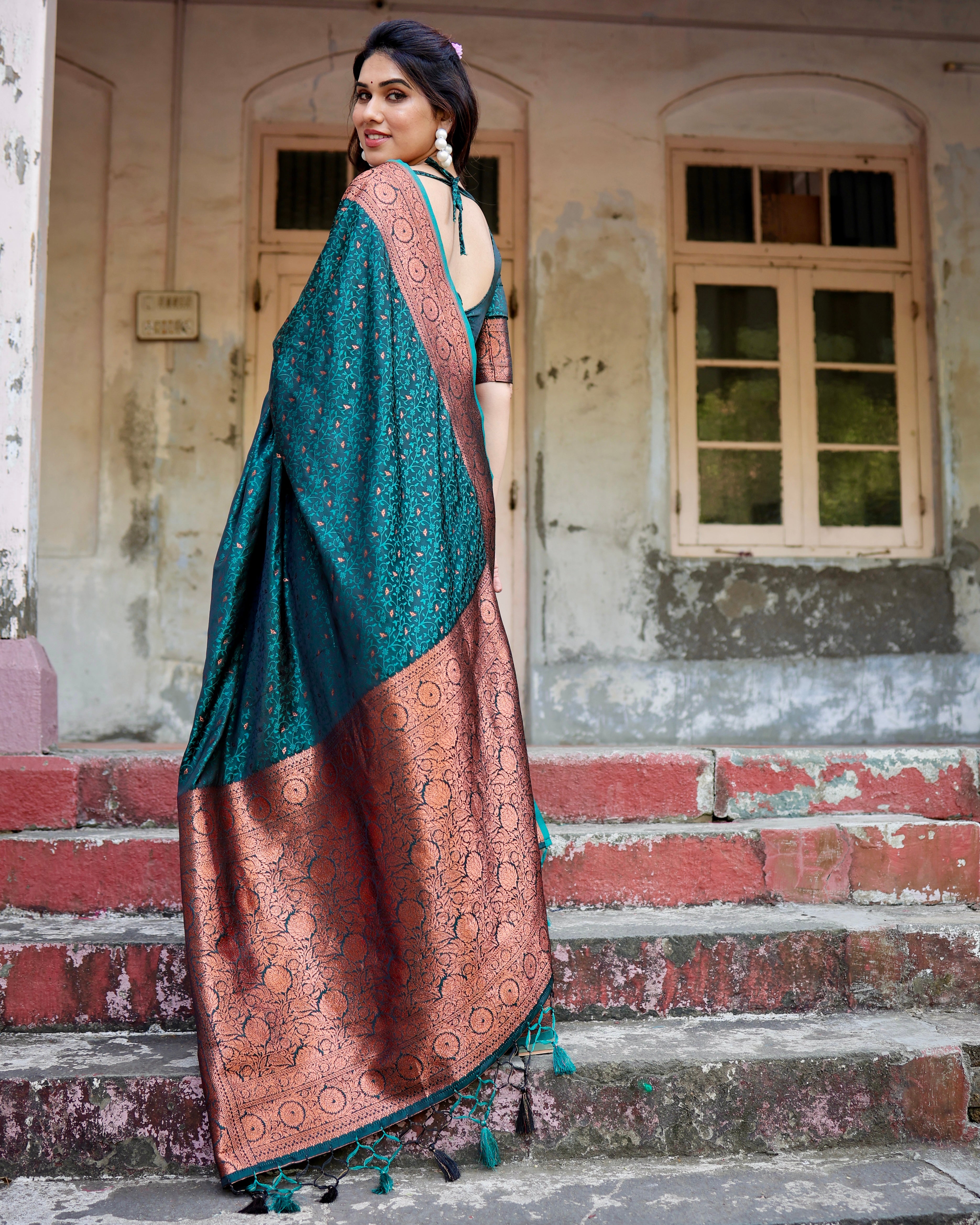 Pure Rama Gaji Silk Saree With Zari Work With Tassels