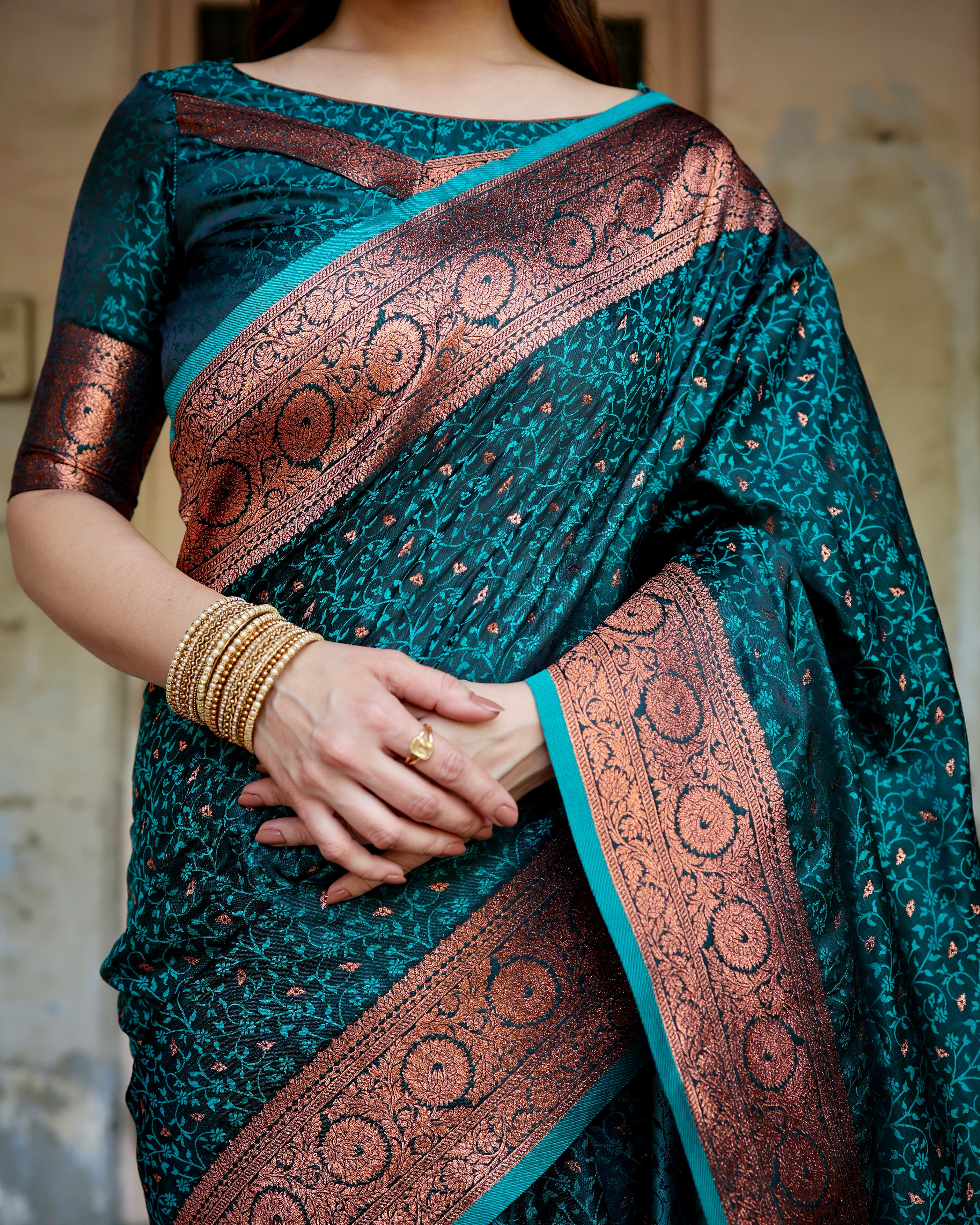 Pure Rama Gaji Silk Saree With Zari Work With Tassels