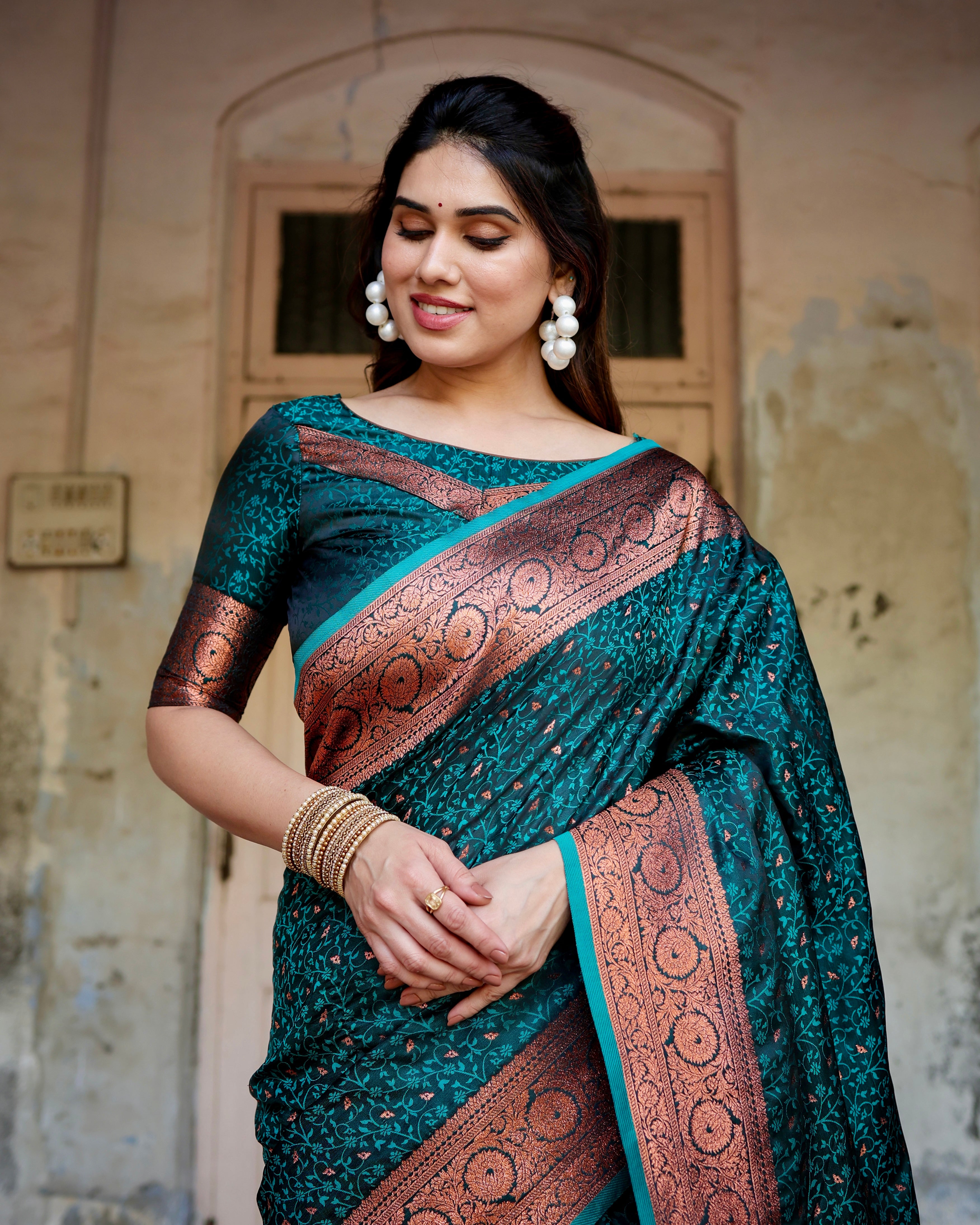 Pure Rama Gaji Silk Saree With Zari Work With Tassels