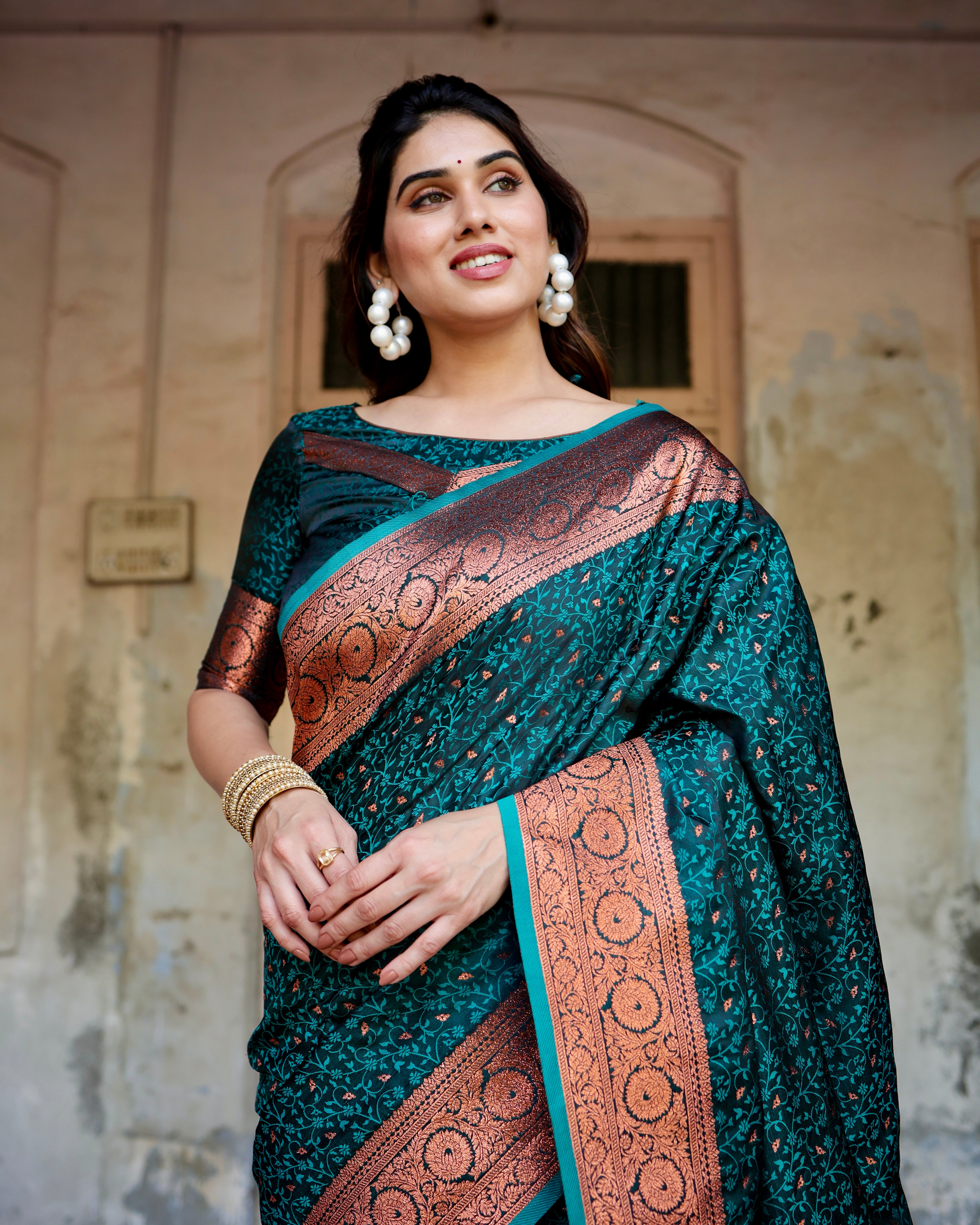 Pure Rama Gaji Silk Saree With Zari Work With Tassels