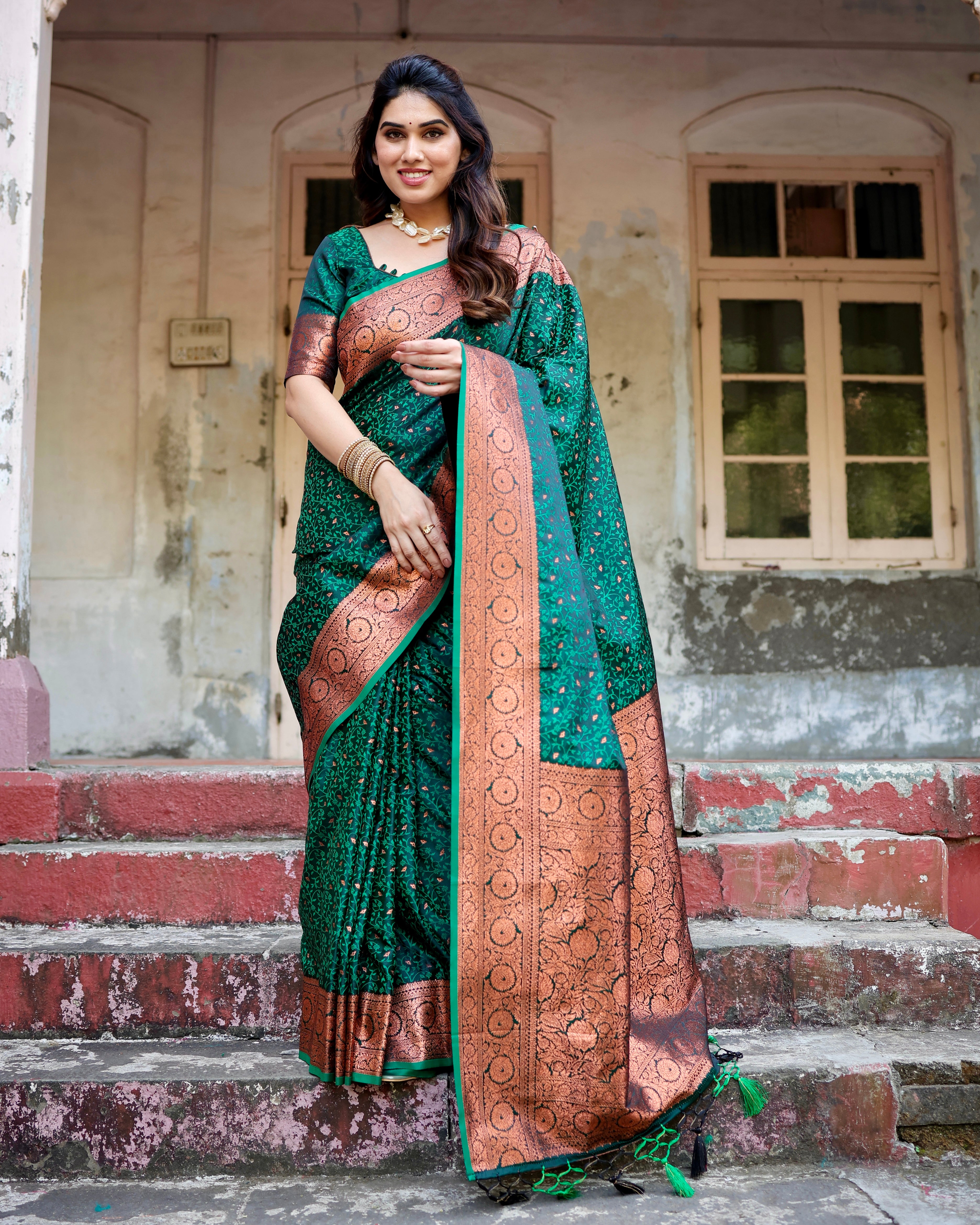 Pure Green Gaji Silk Saree With Zari Work With Tassels