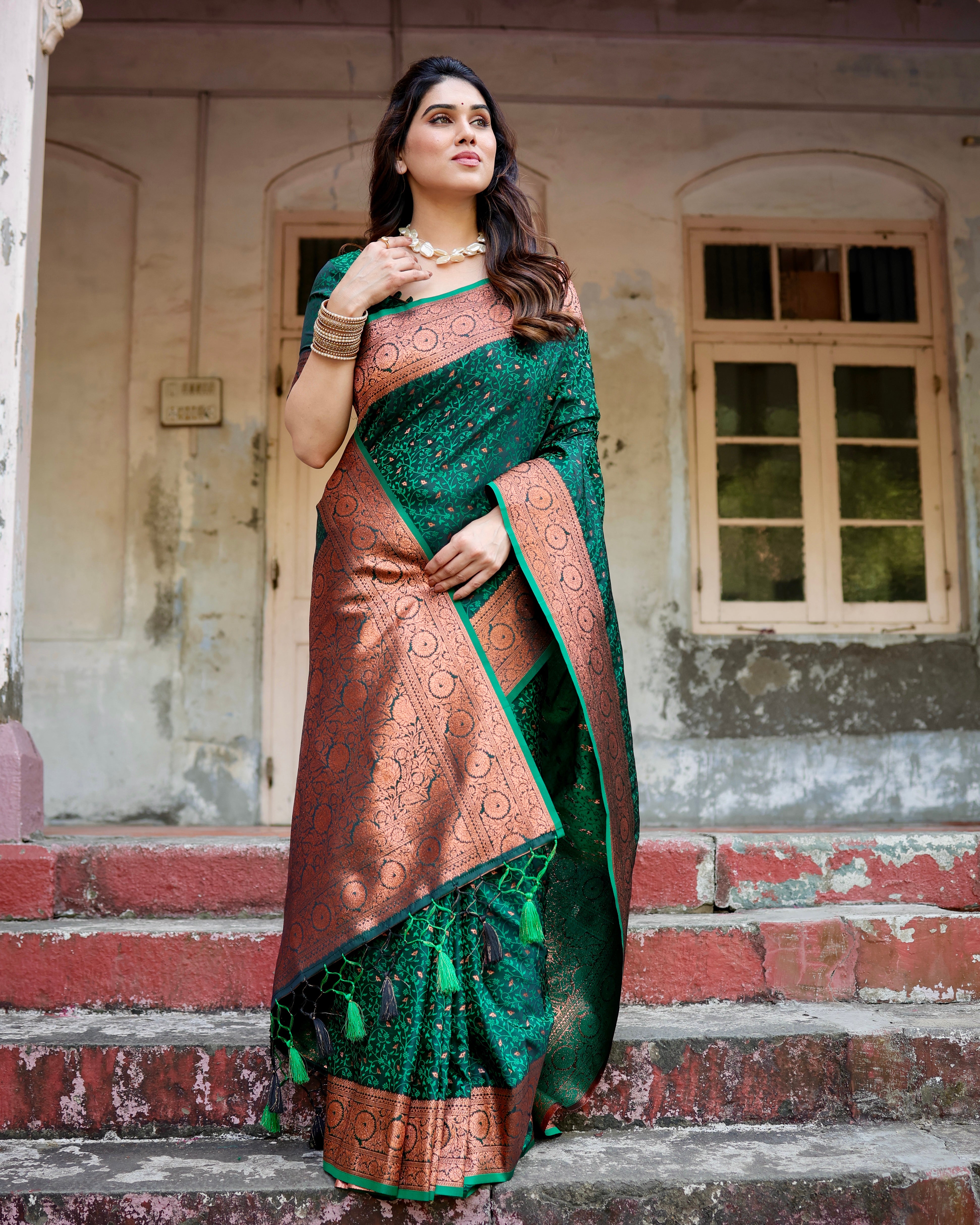 Pure Green Gaji Silk Saree With Zari Work With Tassels - Sareelystore