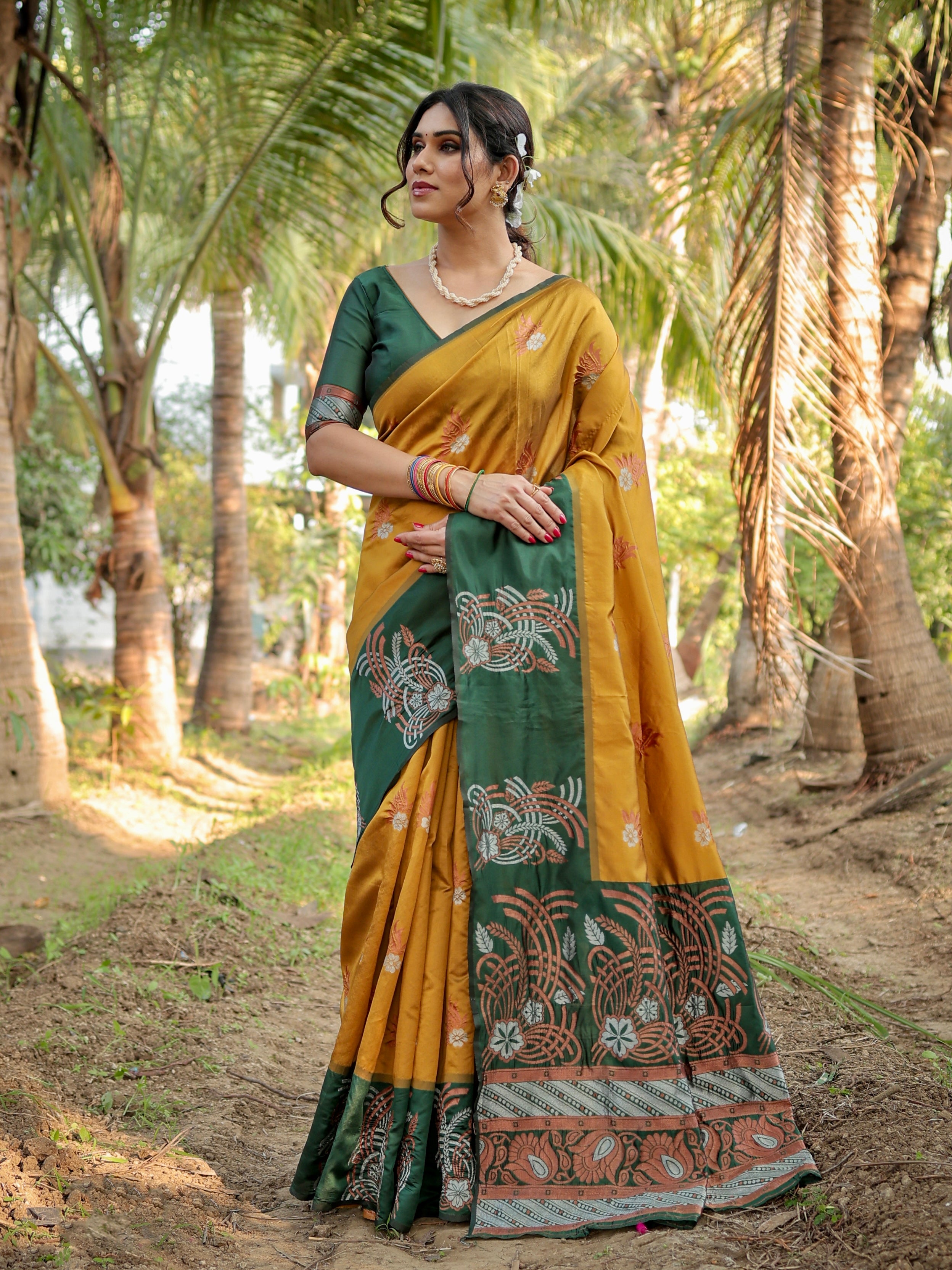 Pure Banarasi Silk Musturd Saree With Zari Comes With Heavy Banarasi Brocade Blouse