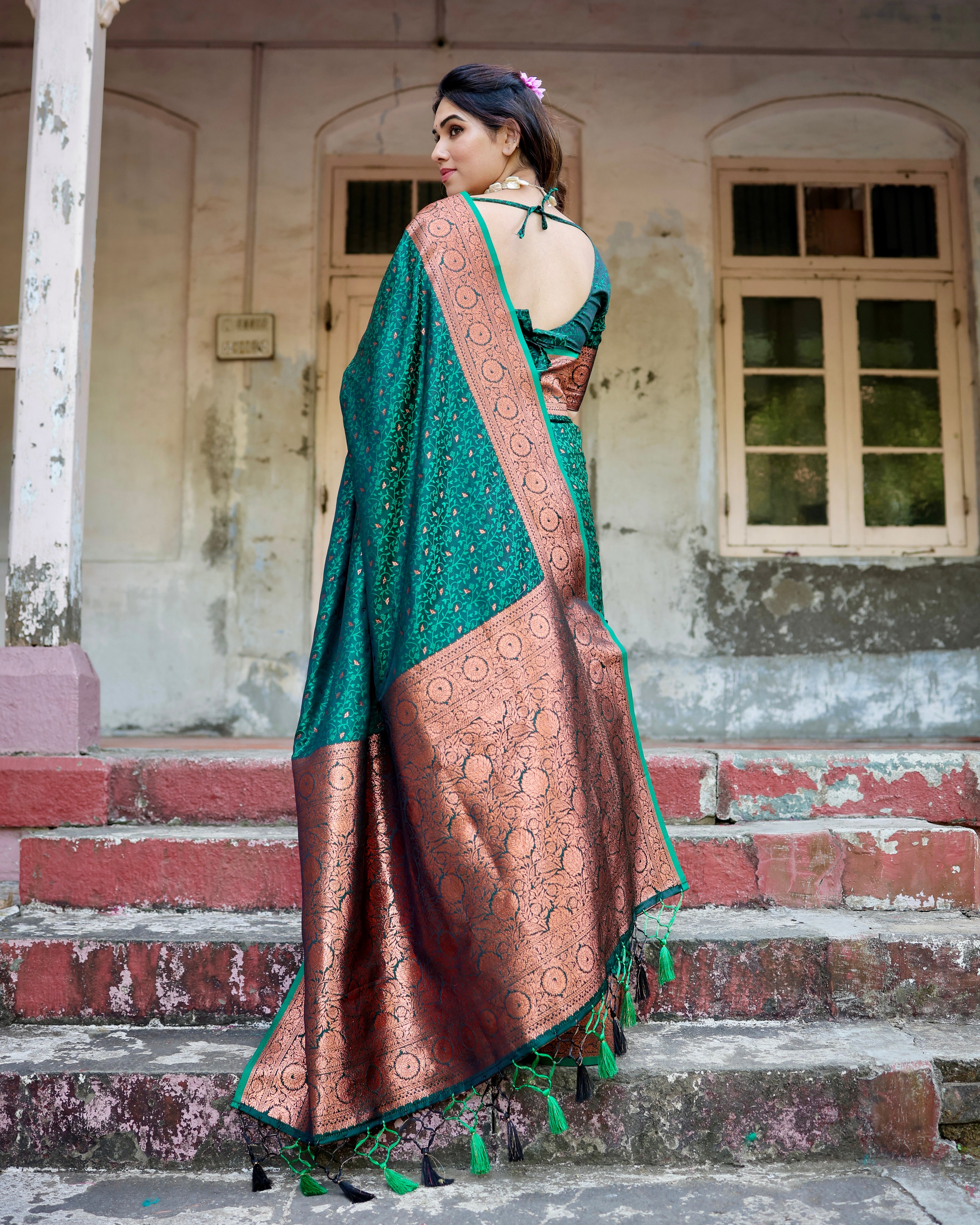 Pure Green Gaji Silk Saree With Zari Work With Tassels