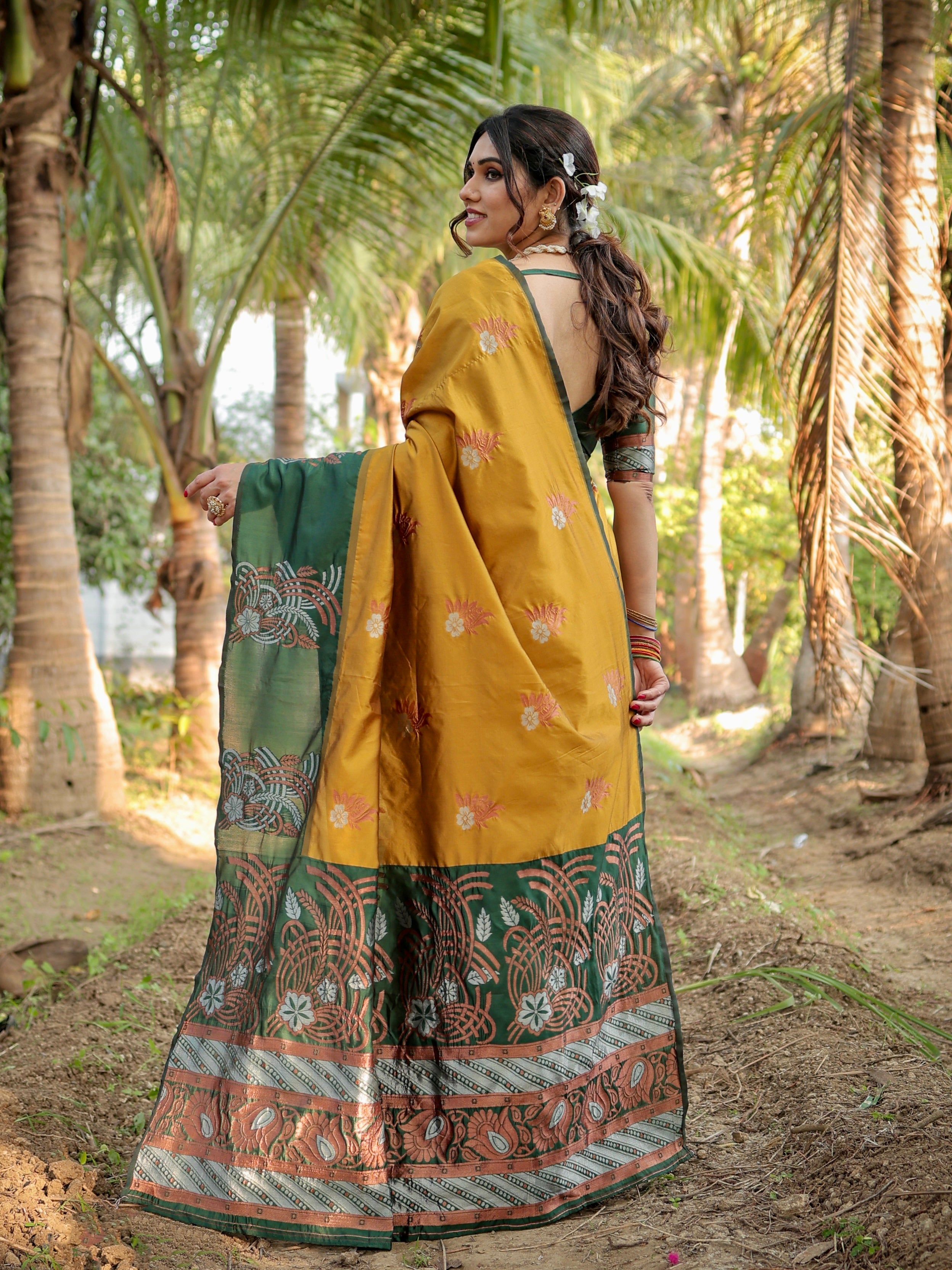 Pure Banarasi Silk Musturd Saree With Zari Comes With Heavy Banarasi Brocade Blouse