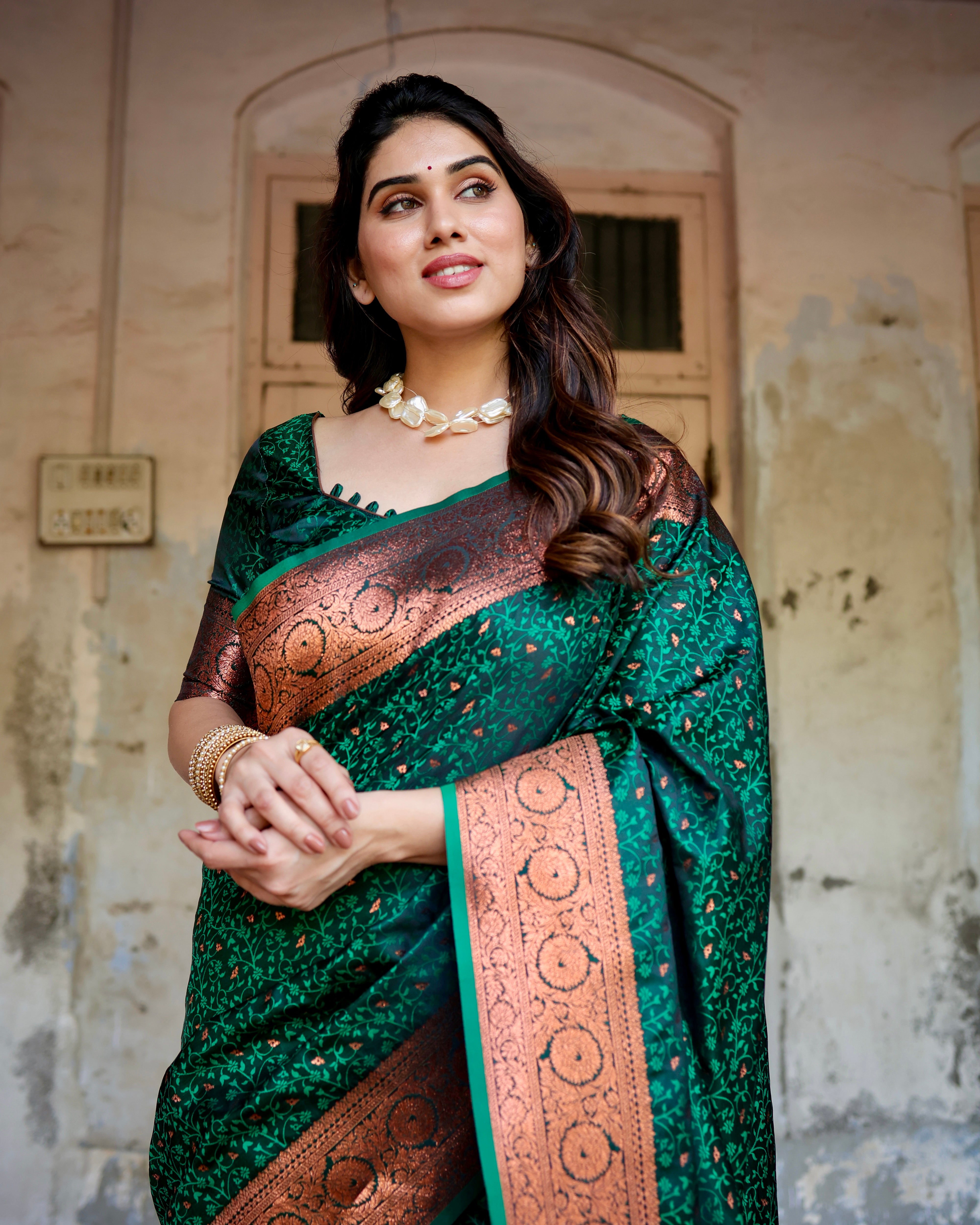 Pure Green Gaji Silk Saree With Zari Work With Tassels