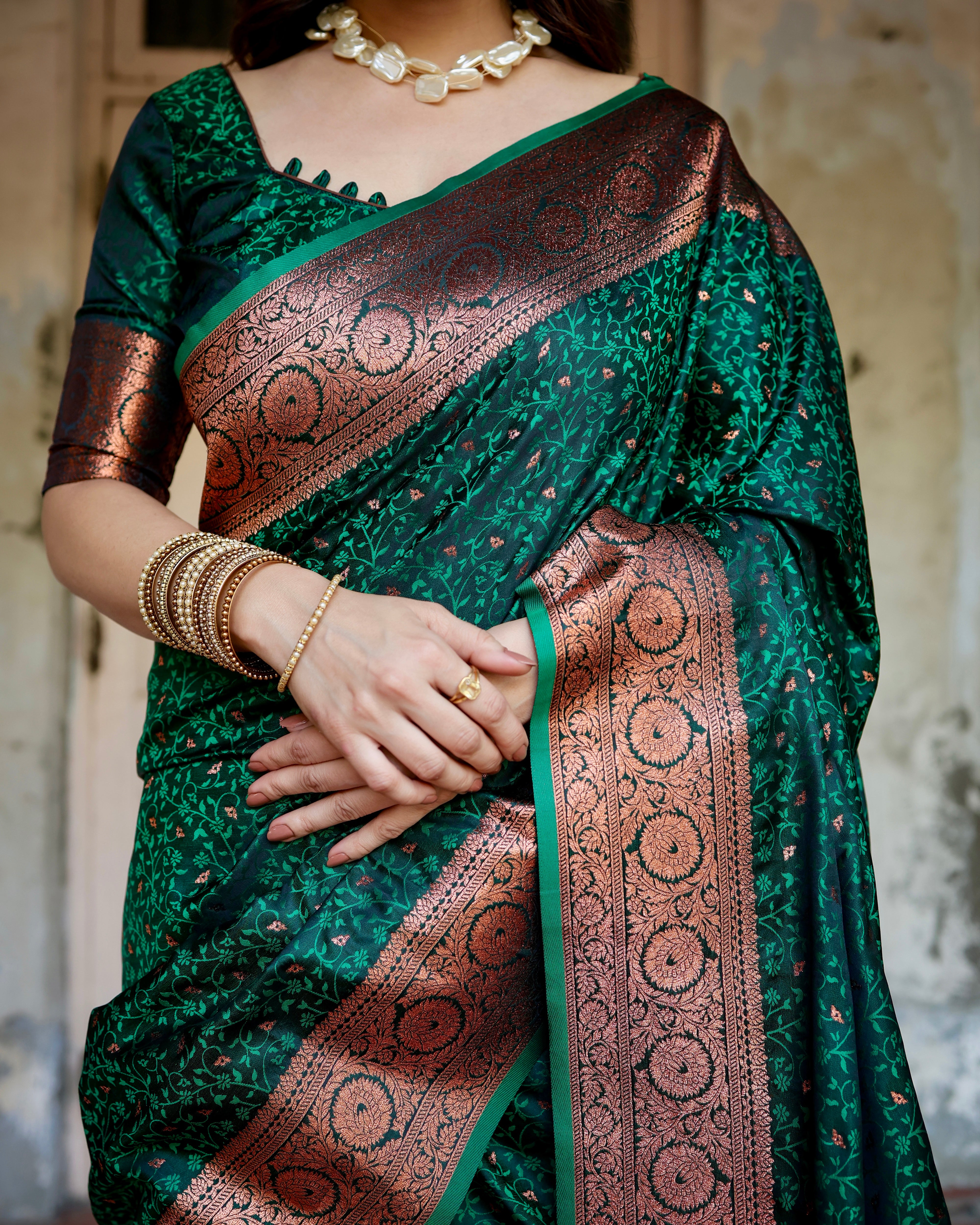 Pure Green Gaji Silk Saree With Zari Work With Tassels - Sareelystore