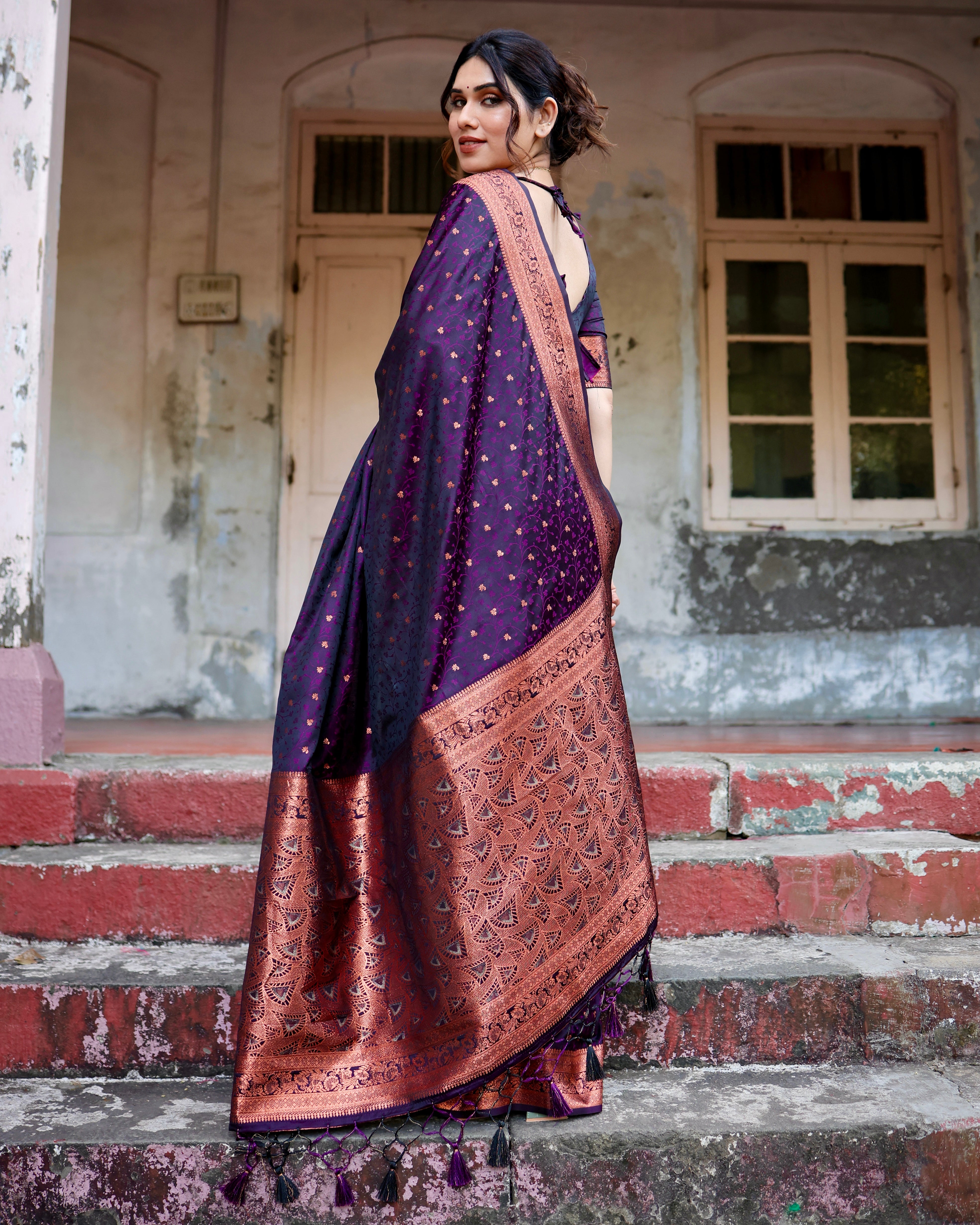 Pure Wine Gaji Silk Saree With Zari Work With Tassels