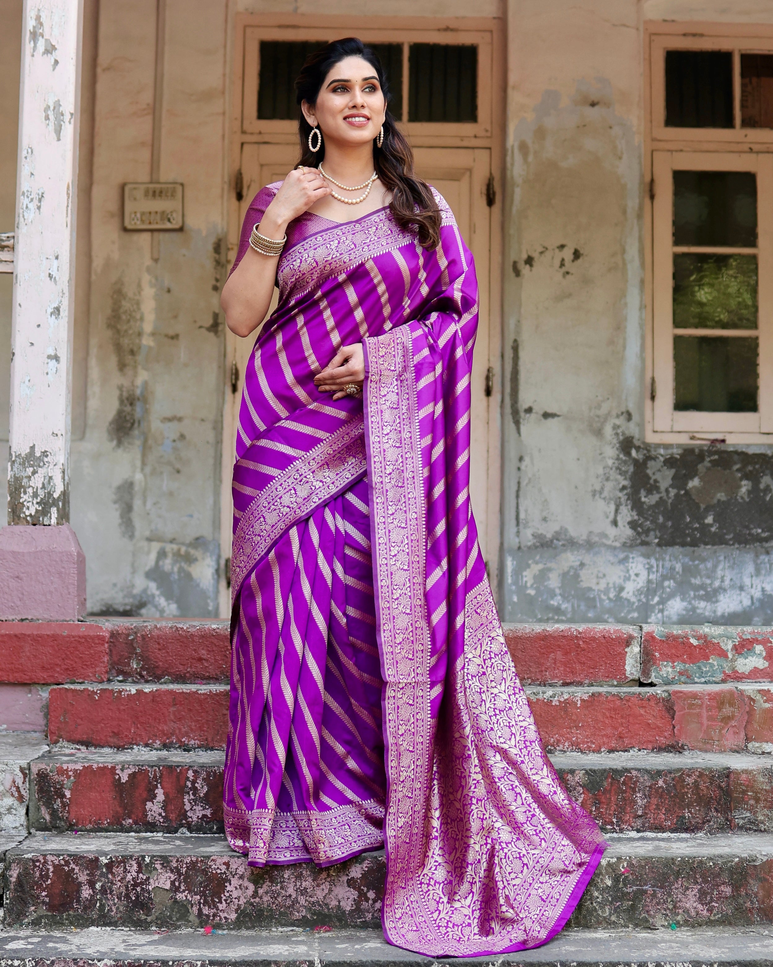 Pure Purple Semi Silk Saree Weaved With Copper Zari With Banarasi Brocade Blouse