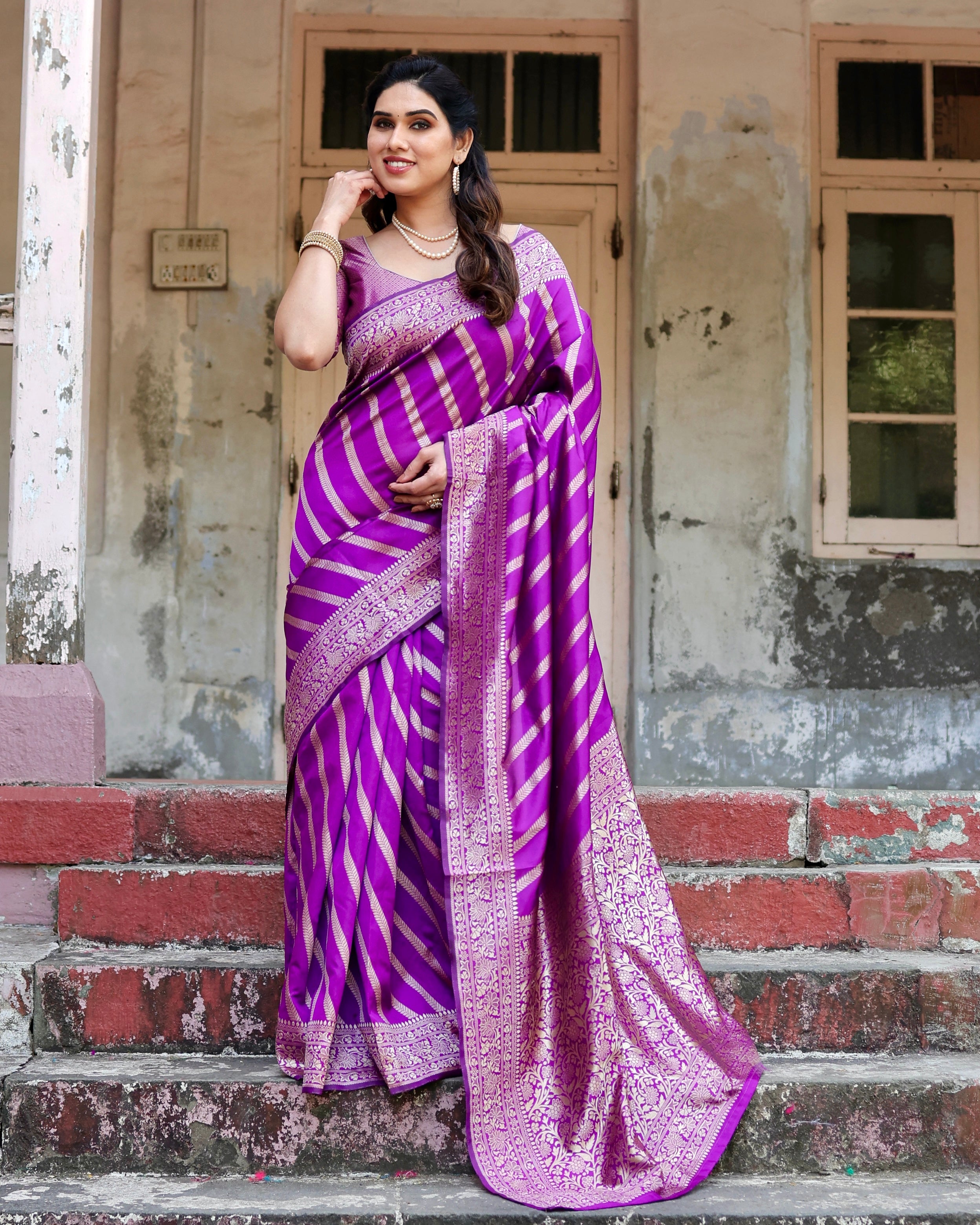 Pure Purple Semi Silk Saree Weaved With Copper Zari With Banarasi Brocade Blouse