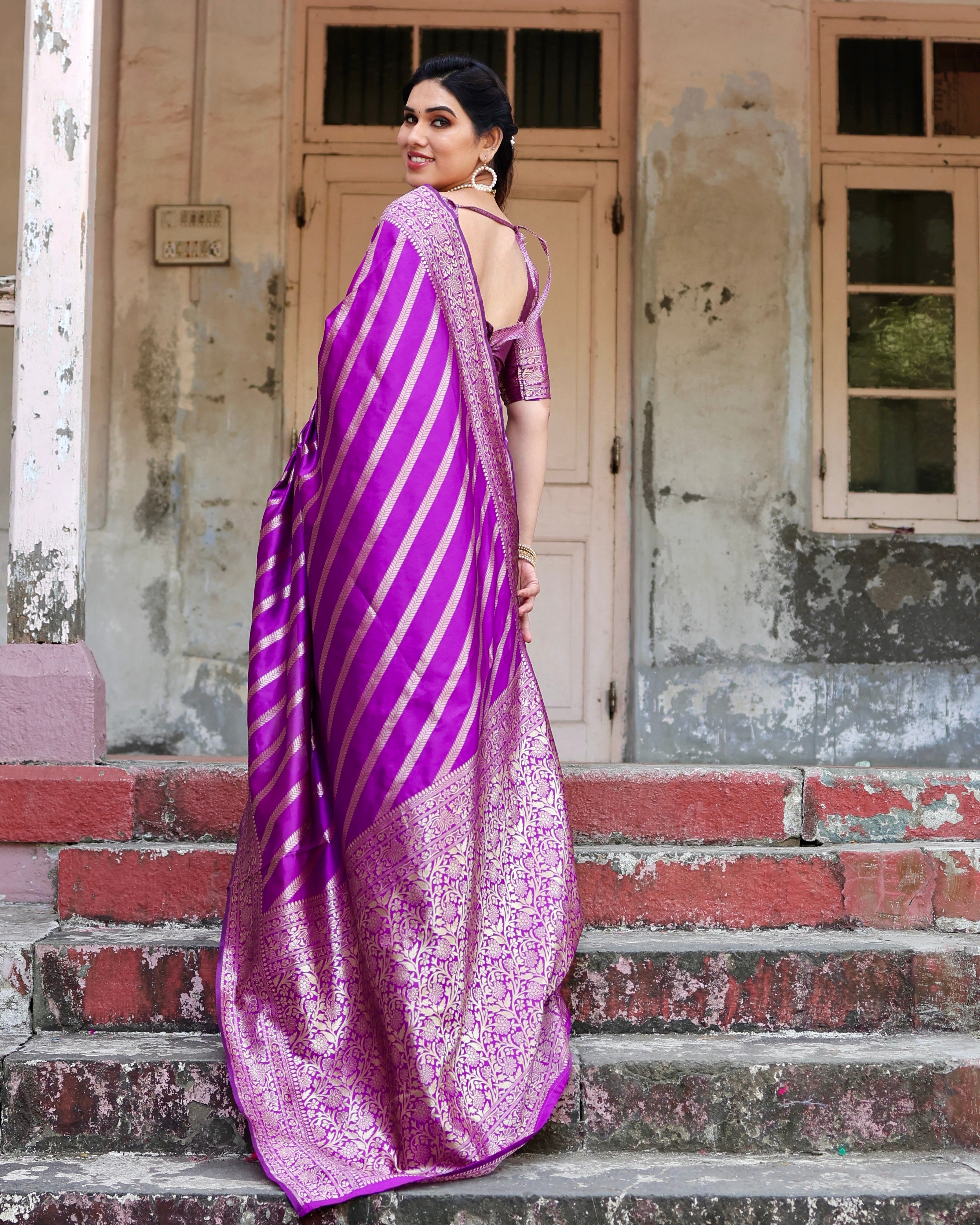 Pure Purple Semi Silk Saree Weaved With Copper Zari With Banarasi Brocade Blouse