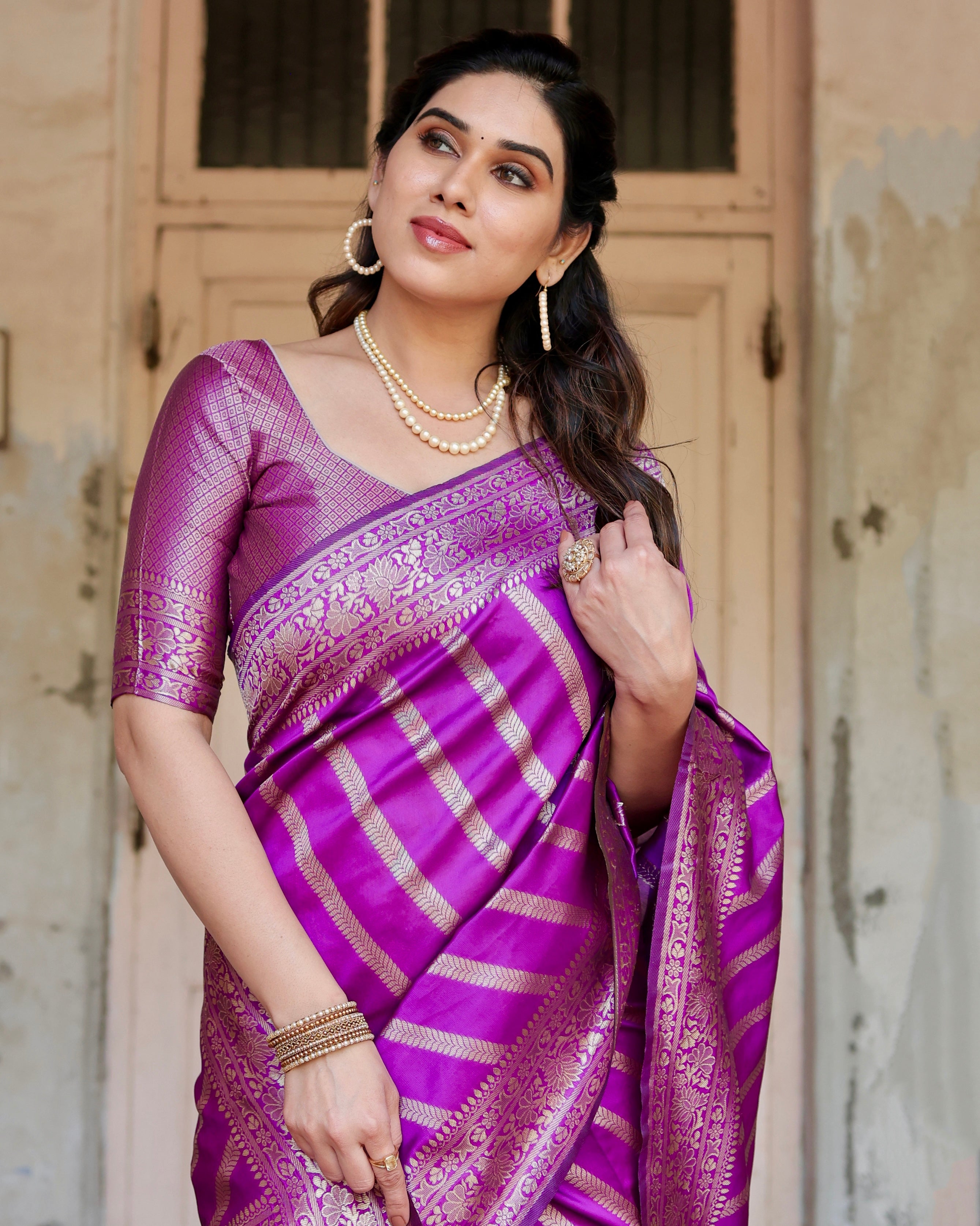 Pure Purple Semi Silk Saree Weaved With Copper Zari With Banarasi Brocade Blouse