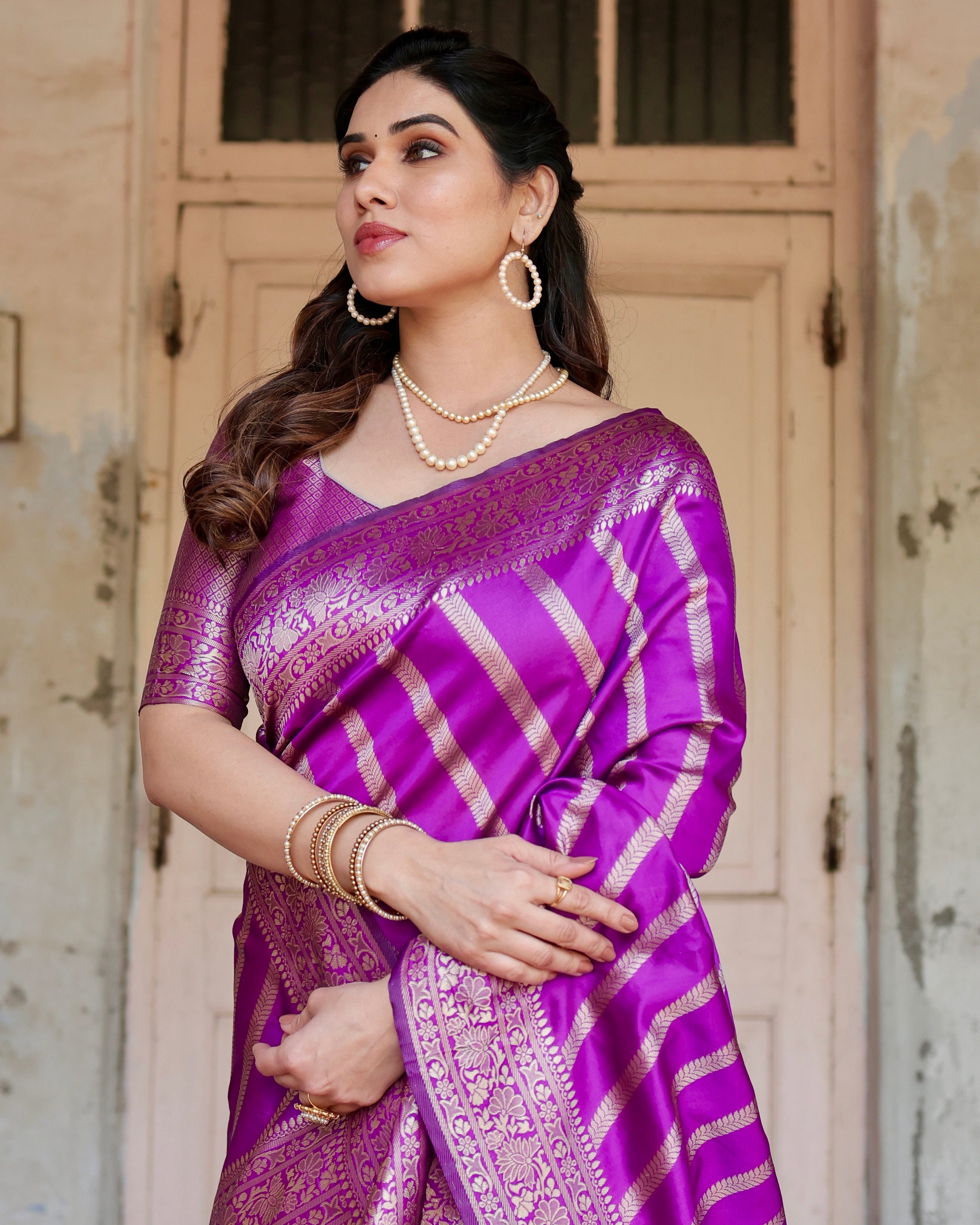 Pure Purple Semi Silk Saree Weaved With Copper Zari With Banarasi Brocade Blouse