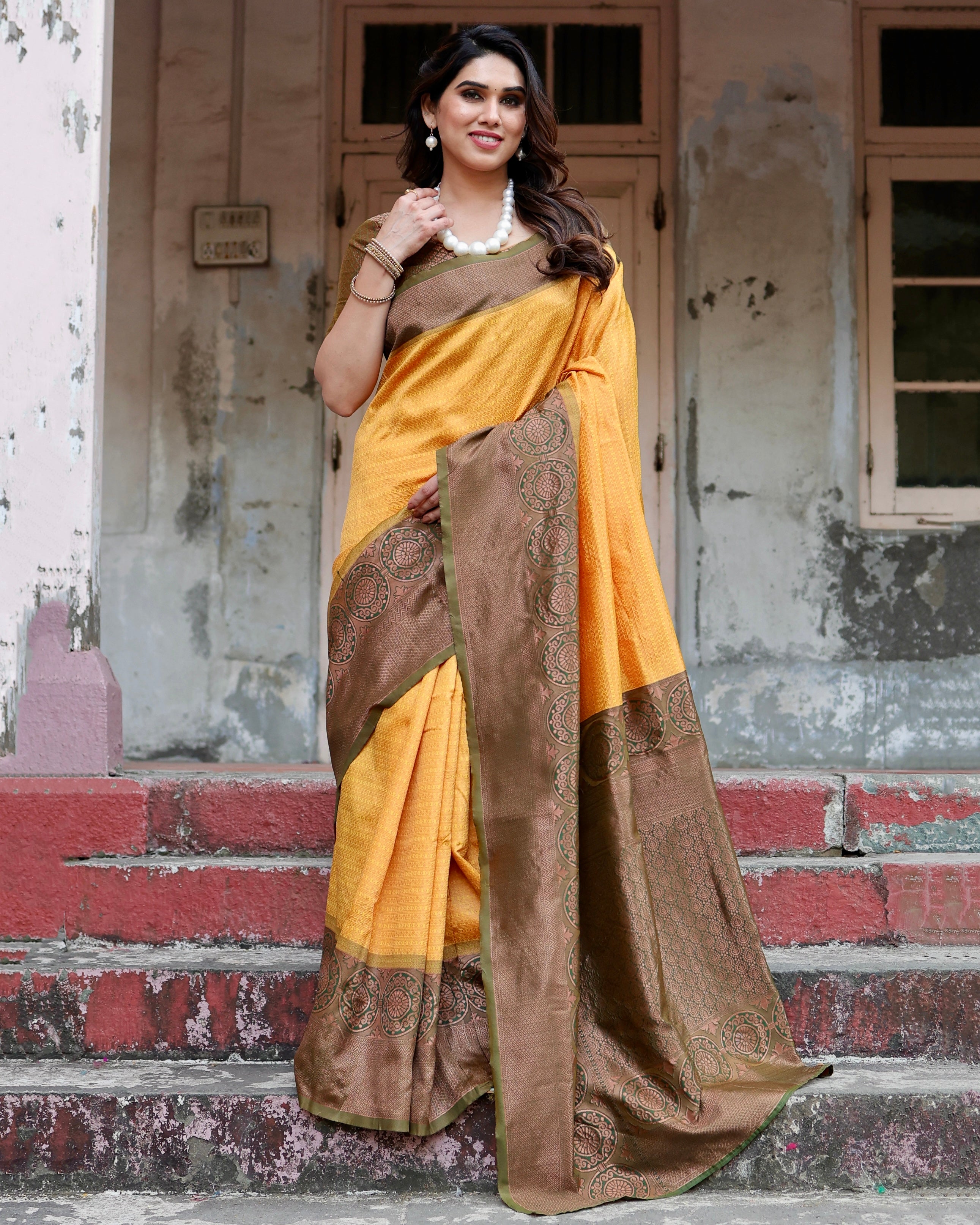 Sareely Yellow Women Floral Woven Banarasi Silk Saree