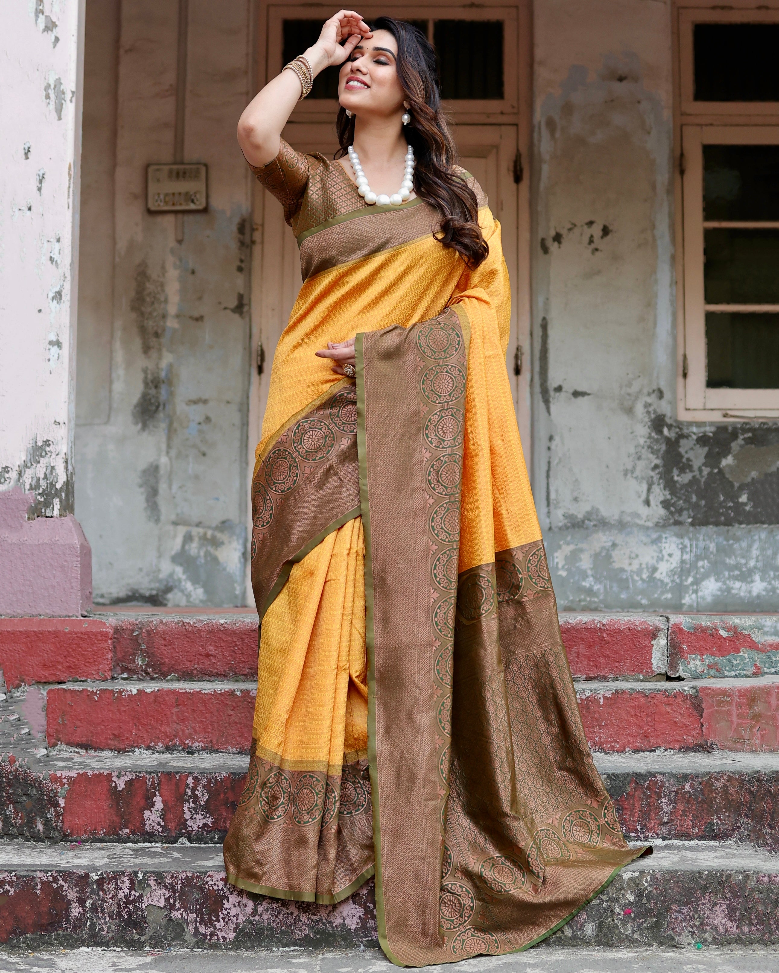 Sareely Yellow Women Floral Woven Banarasi Silk Saree