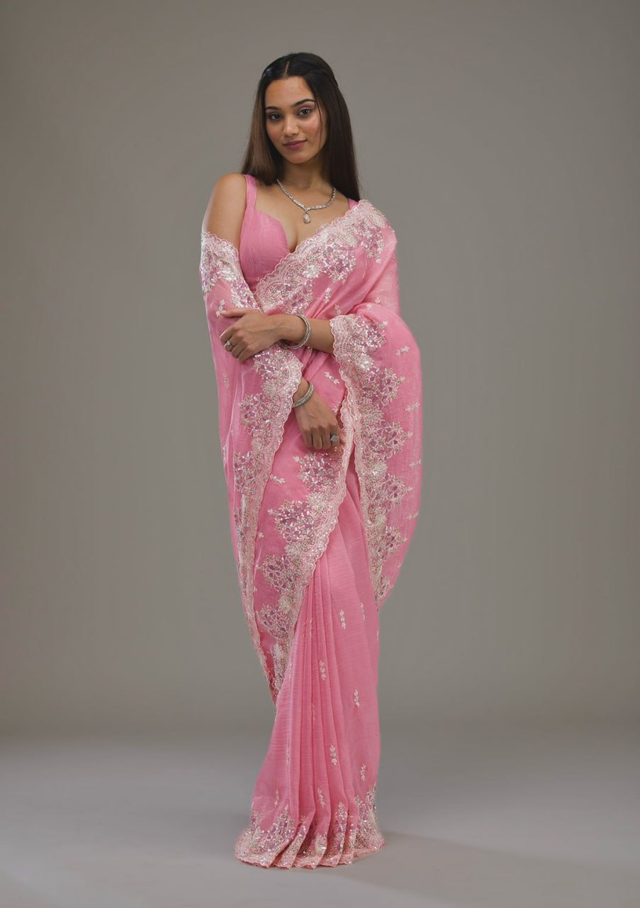 Pink Premium Crunchy Saree Embroidered Thread Work