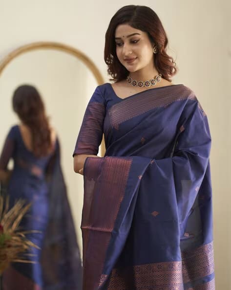 Banarasi Petrol Blue Saree Weaved With Zari Comes With Heavy Banarasi Blouse