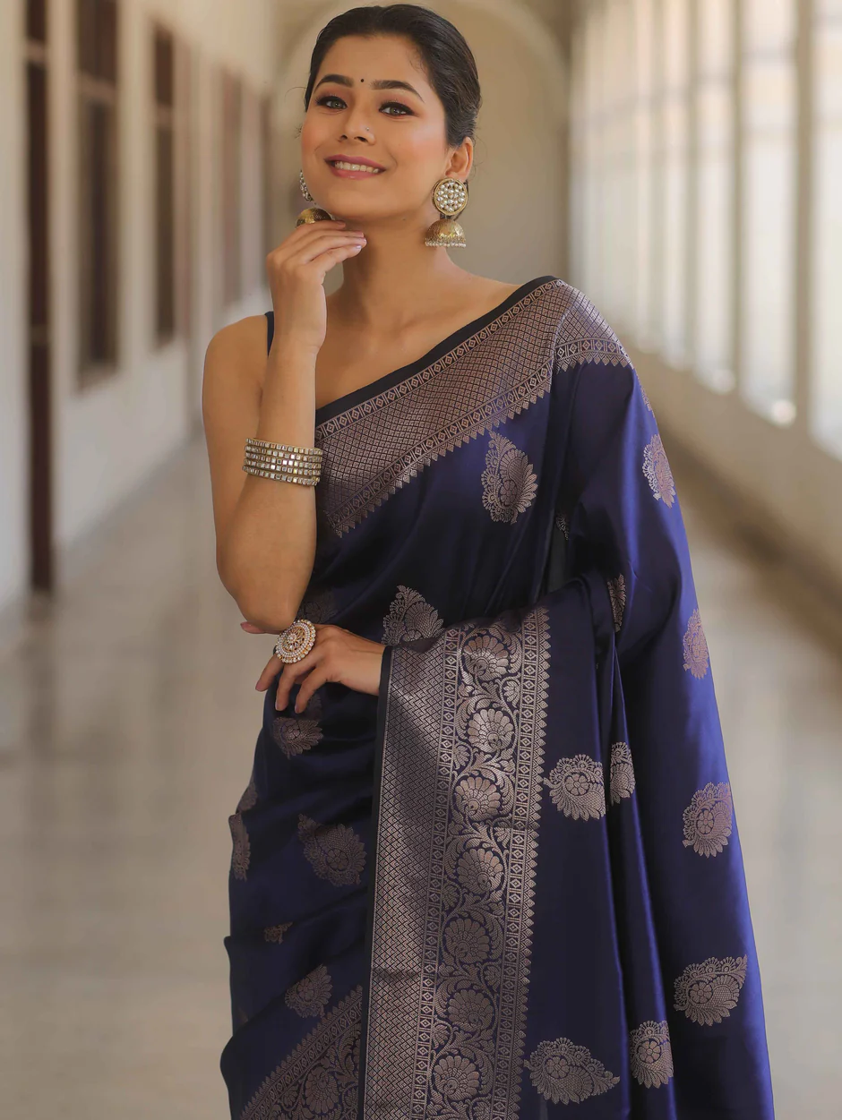 Banarasi Silk NavyBlue Saree With Zari Comes With Heavy Banarasi Blouse