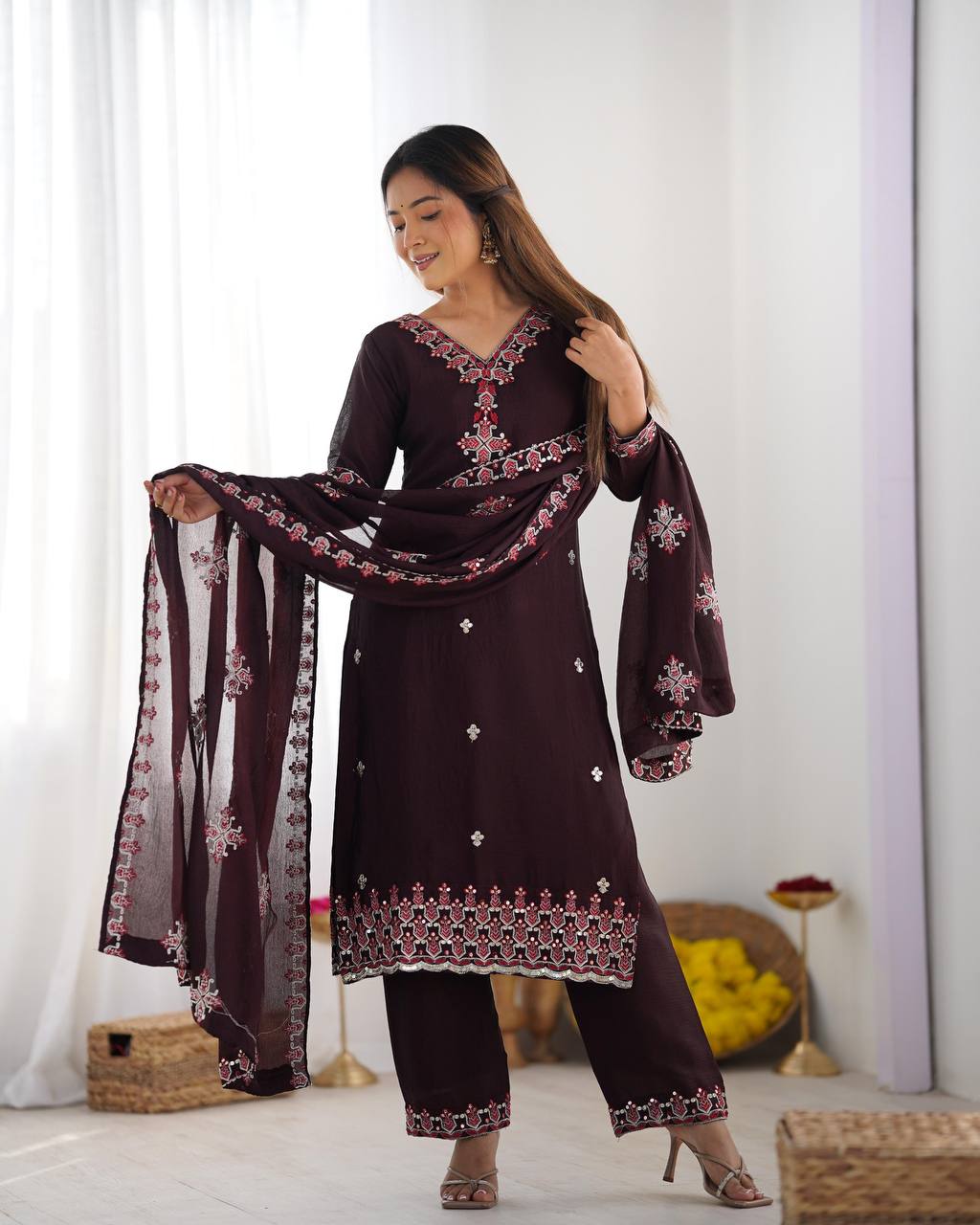Brown Heavy Pure Chinnon Silk Kurta Dupatta Pant Set