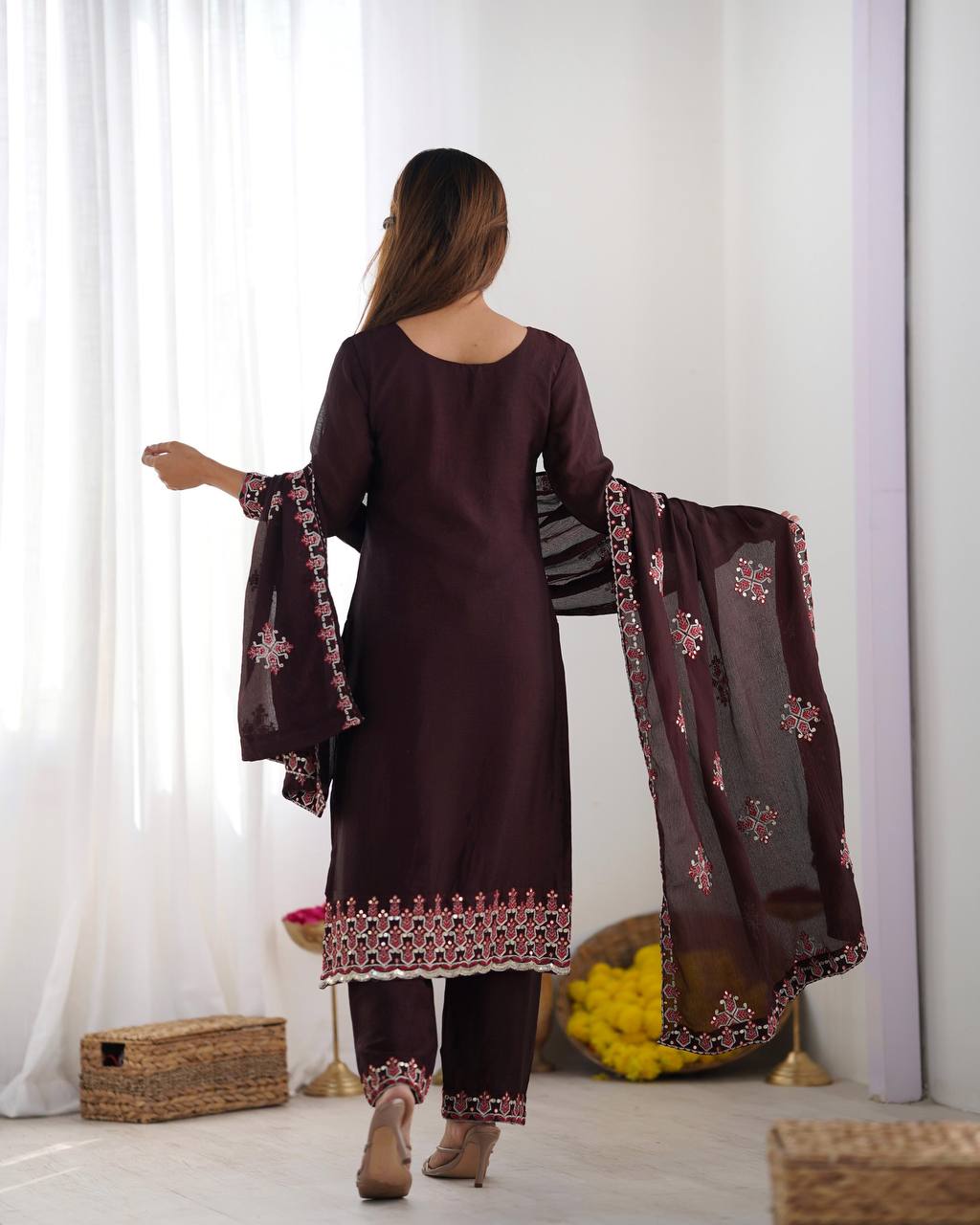 Brown Heavy Pure Chinnon Silk Kurta Dupatta Pant Set