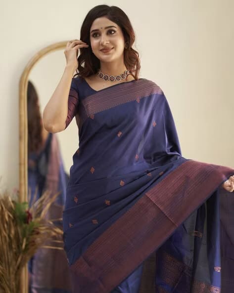 Banarasi Petrol Blue Saree Weaved With Zari Comes With Heavy Banarasi Blouse