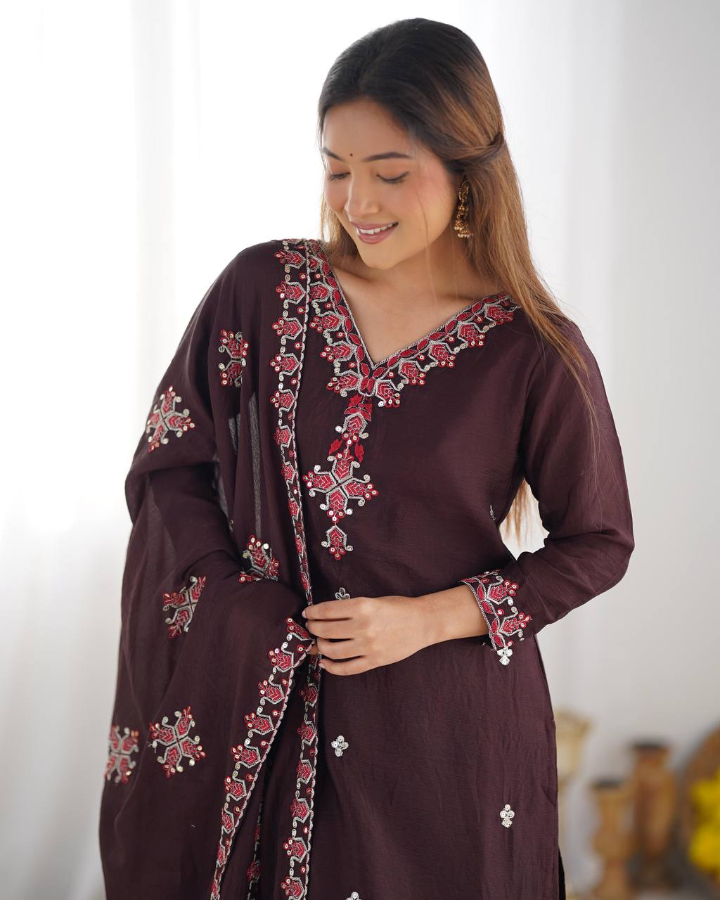 Brown Heavy Pure Chinnon Silk Kurta Dupatta Pant Set