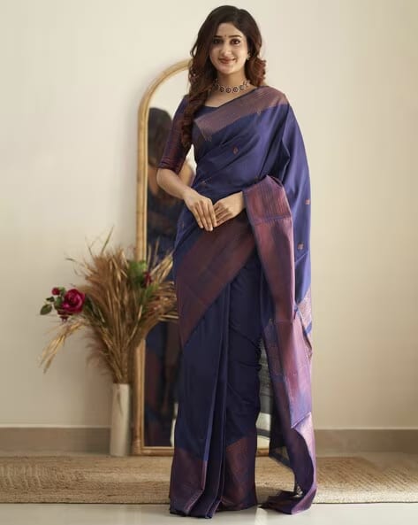 Banarasi Petrol Blue Saree Weaved With Zari Comes With Heavy Banarasi Blouse