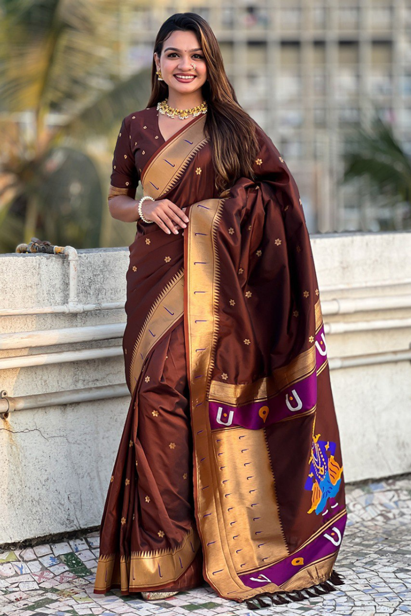 Floral designs woven into brown soft silk sarees