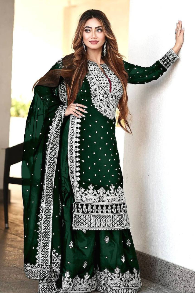 Dark Green Heavy Faux Georgette Kurta Dupatta Sharara Suit Set