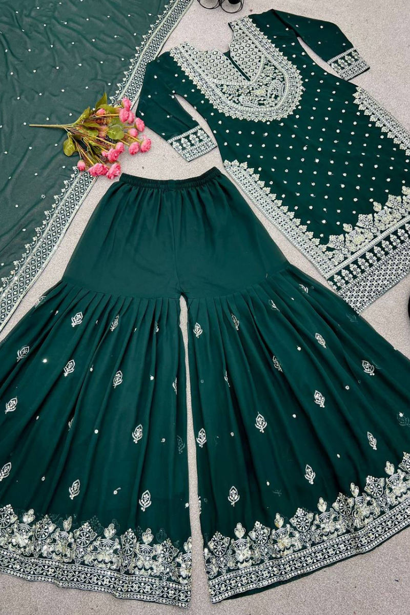 Dark Green Heavy Faux Georgette Kurta Dupatta Sharara Suit Set