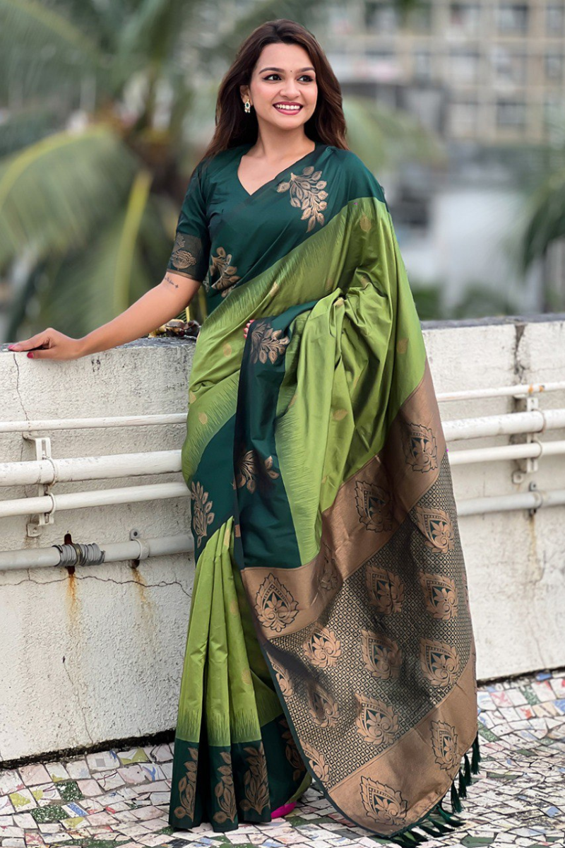 Green Soft Moonga Silk sarees with  zari motifs