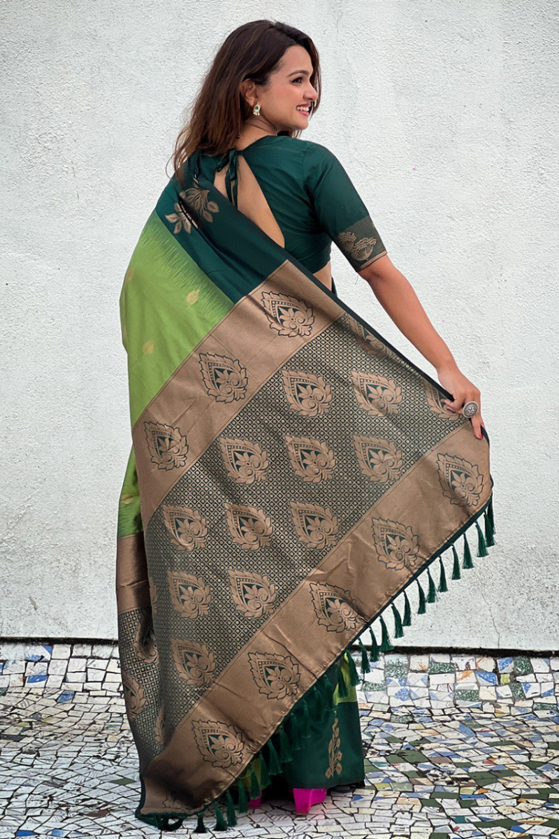 Green Soft Moonga Silk sarees with  zari motifs