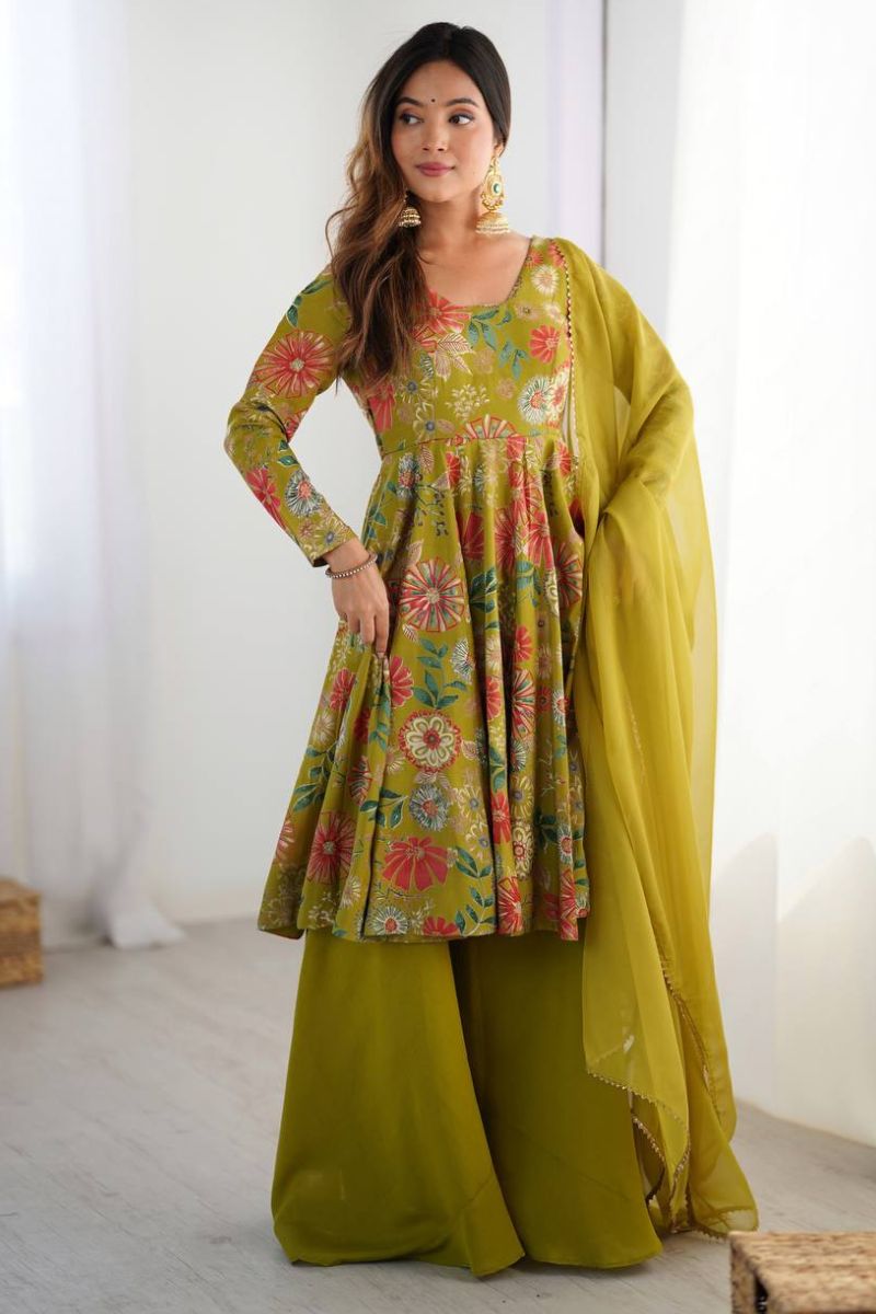 Chanderi Sharara Dupatta Suit Set in Green Soft Romansilk