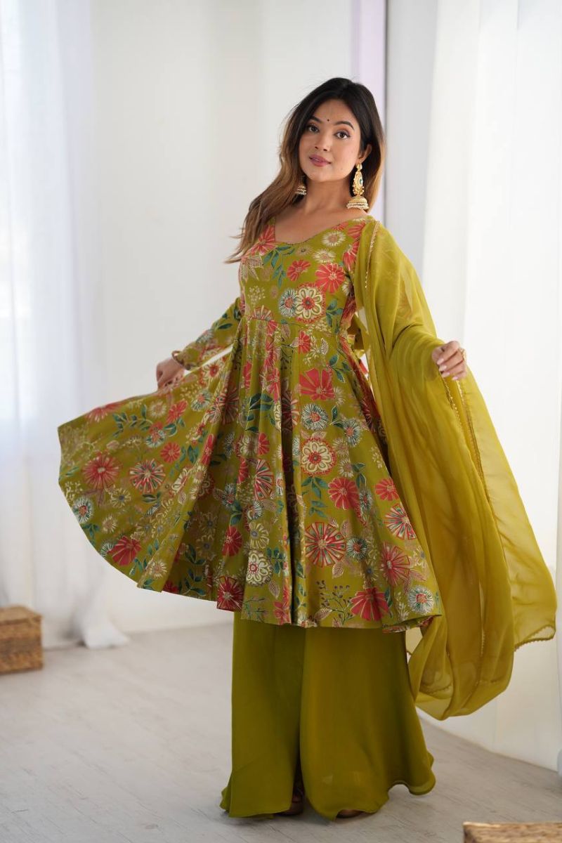 Chanderi Sharara Dupatta Suit Set in Green Soft Romansilk