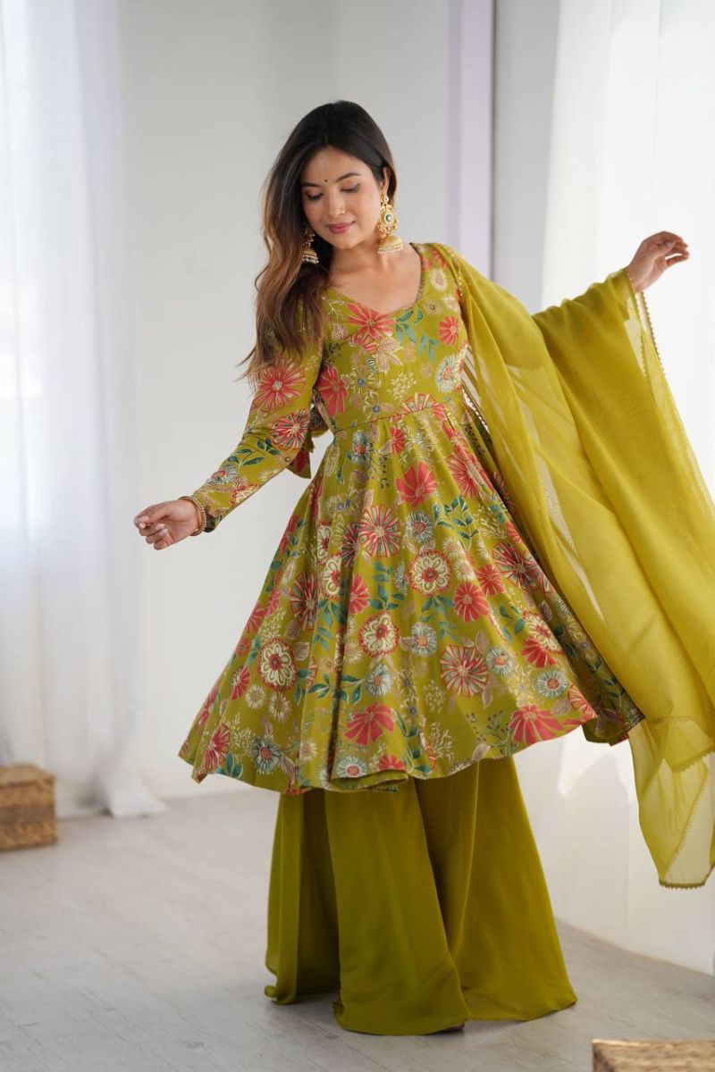 Chanderi Sharara Dupatta Suit Set in Green Soft Romansilk