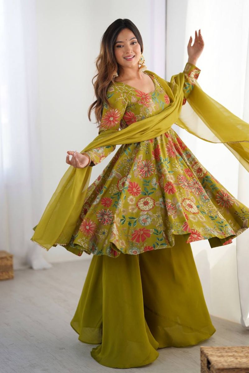 Chanderi Sharara Dupatta Suit Set in Green Soft Romansilk