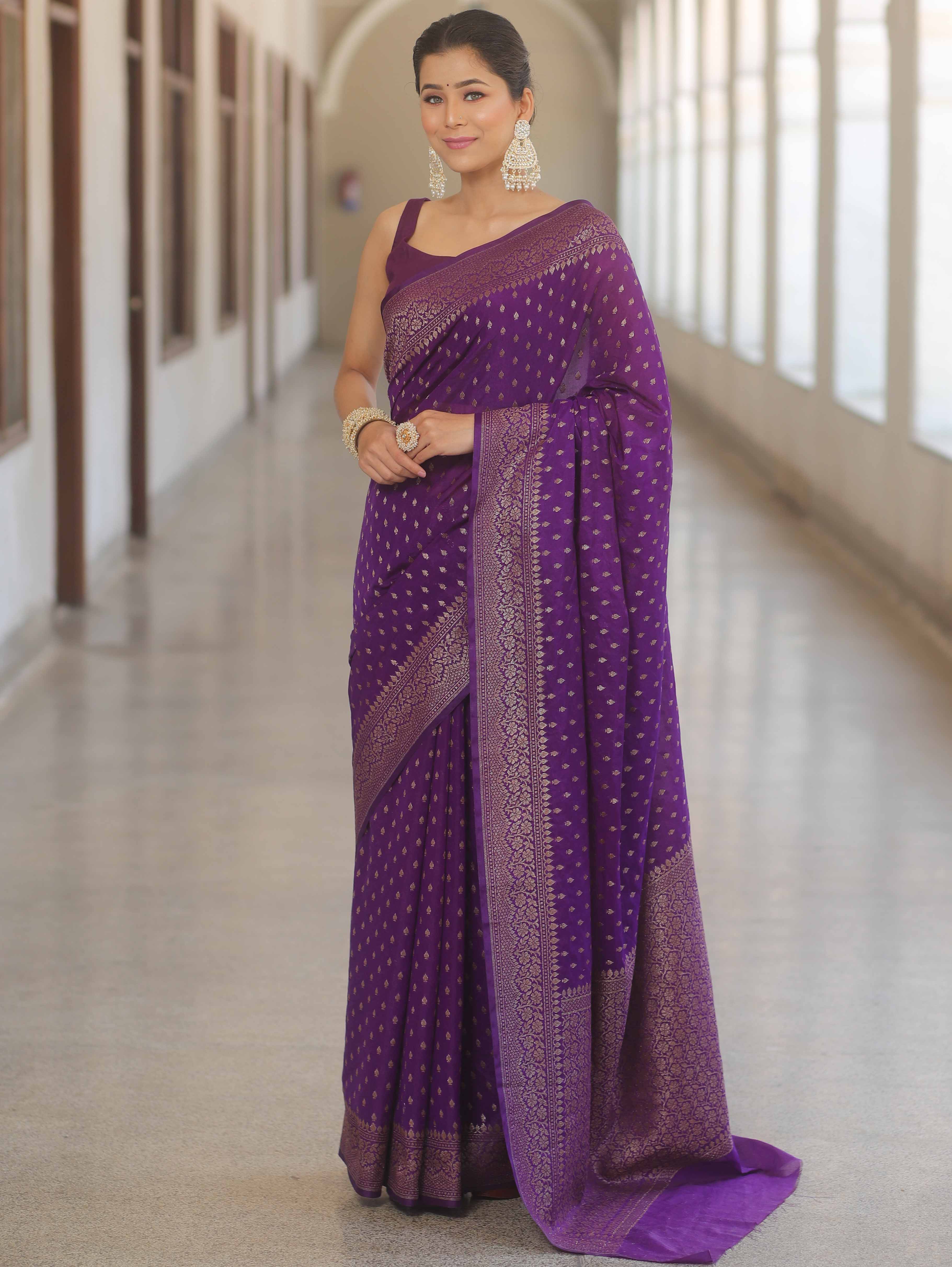 Banarasi Silk Purple Saree With Zari Work And Banarasi Blouse