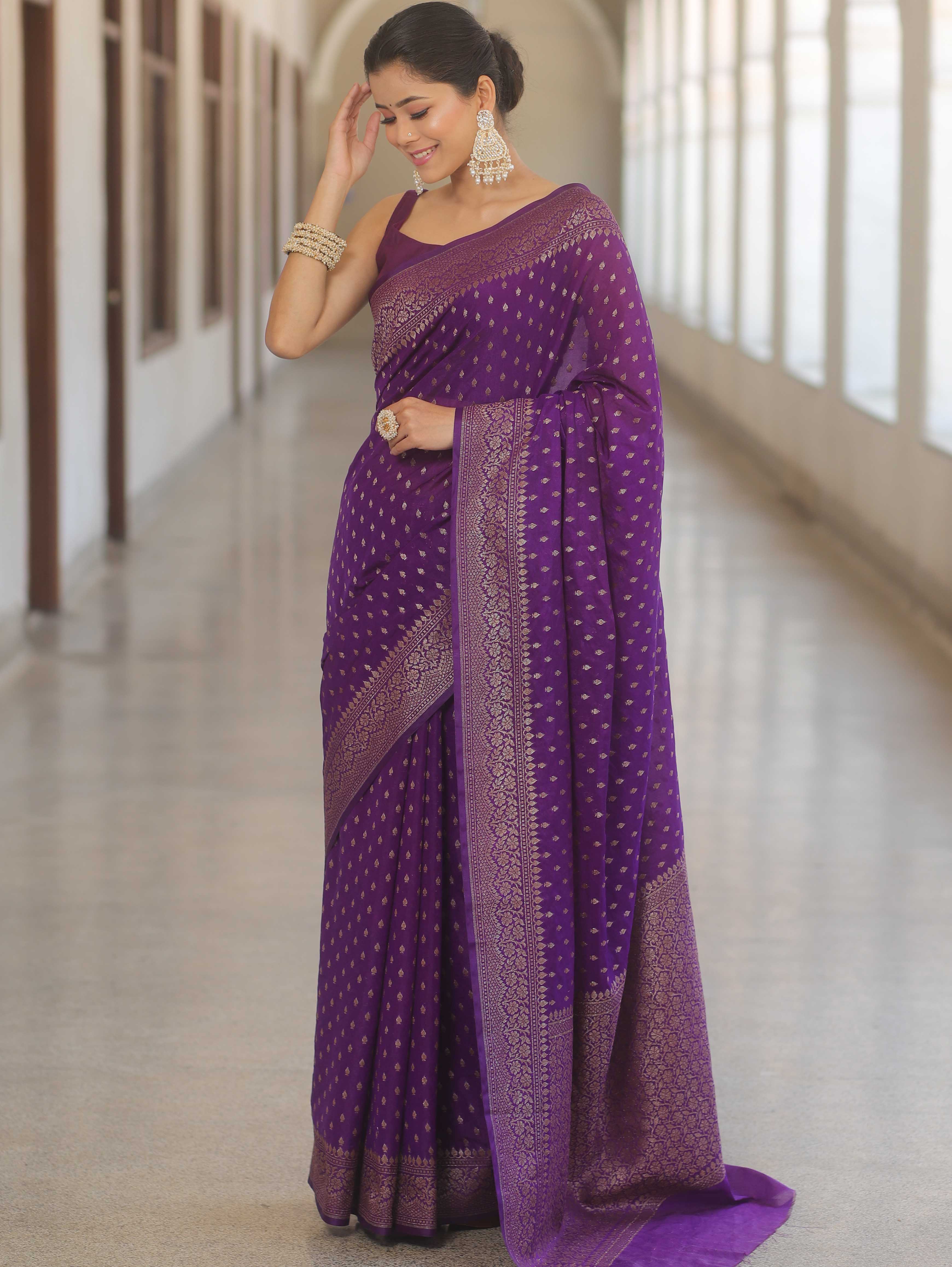 Banarasi Silk Purple Saree With Zari Work And Banarasi Blouse