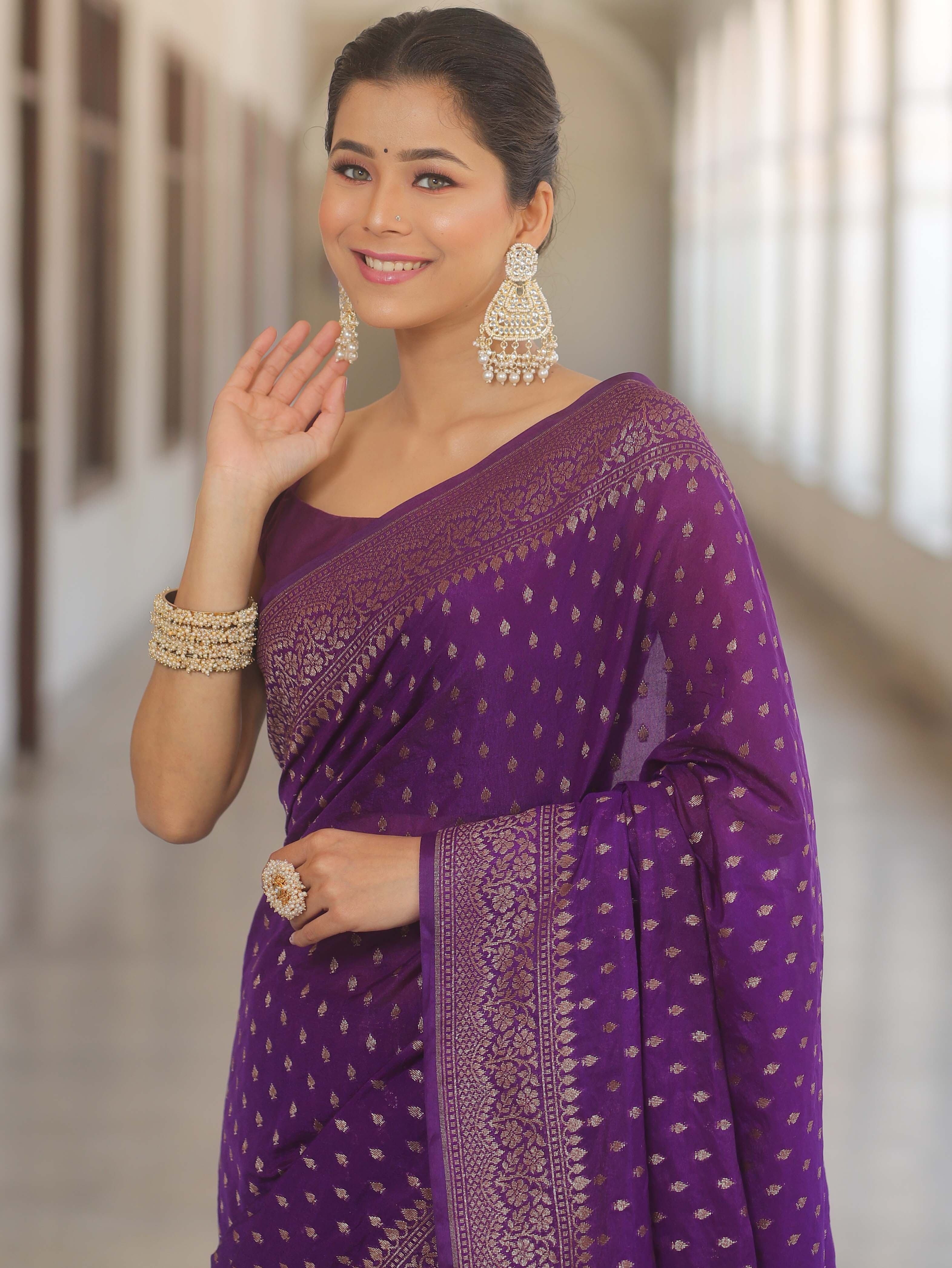 Banarasi Silk Purple Saree With Zari Work And Banarasi Blouse