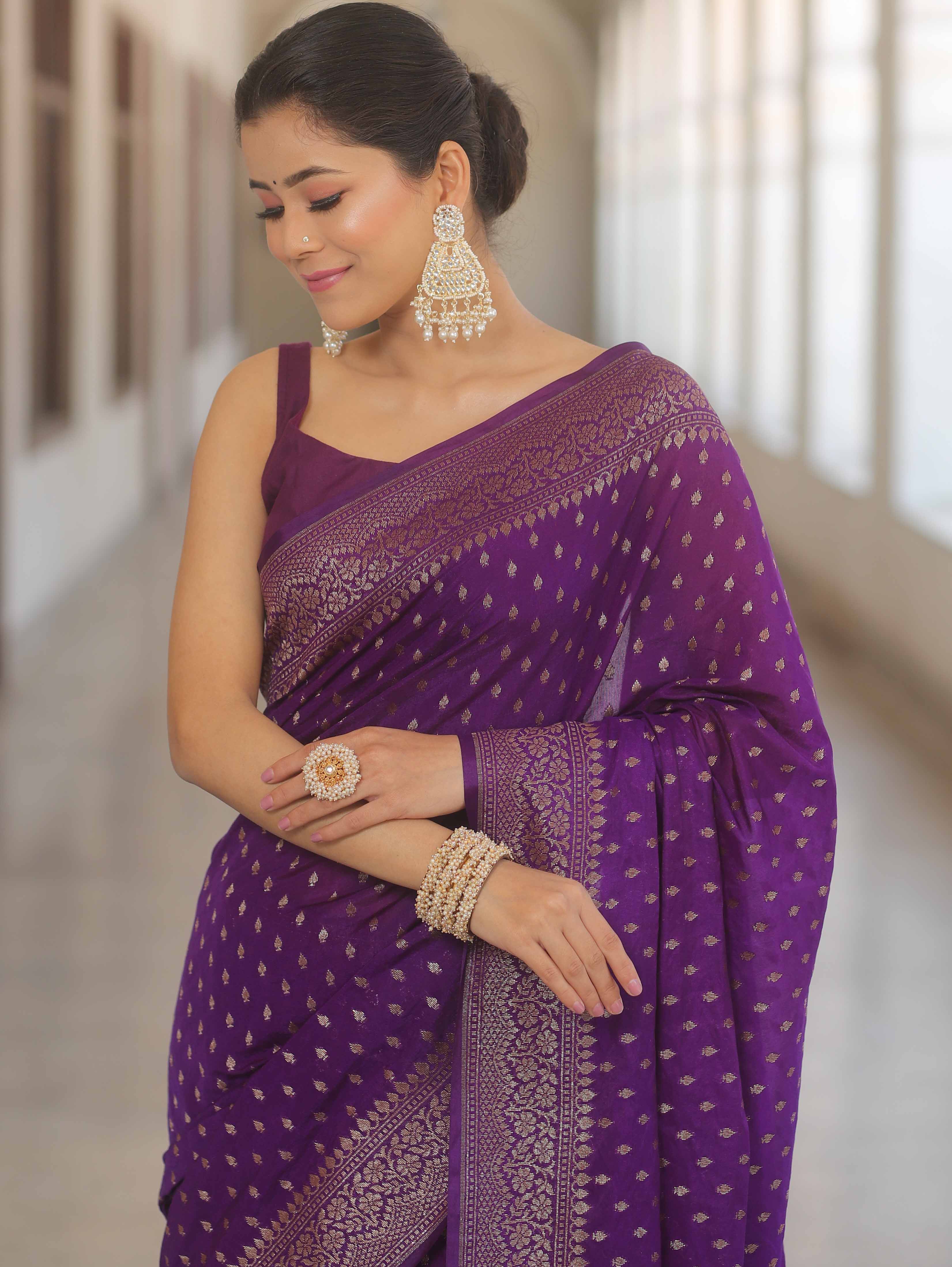 Banarasi Silk Purple Saree With Zari Work And Banarasi Blouse