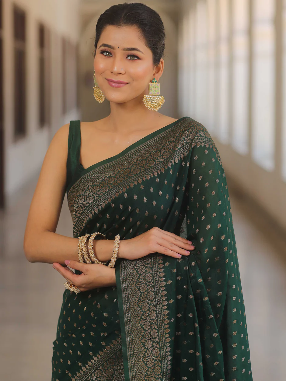 Banarasi Silk Green Saree With Zari Work And Banarasi Blouse - Sareelystore