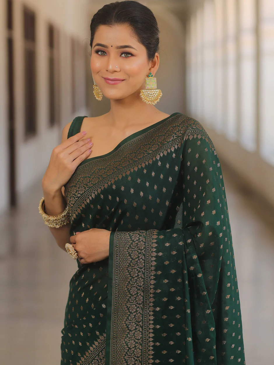 Banarasi Silk Green Saree With Zari Work And Banarasi Blouse - Sareelystore