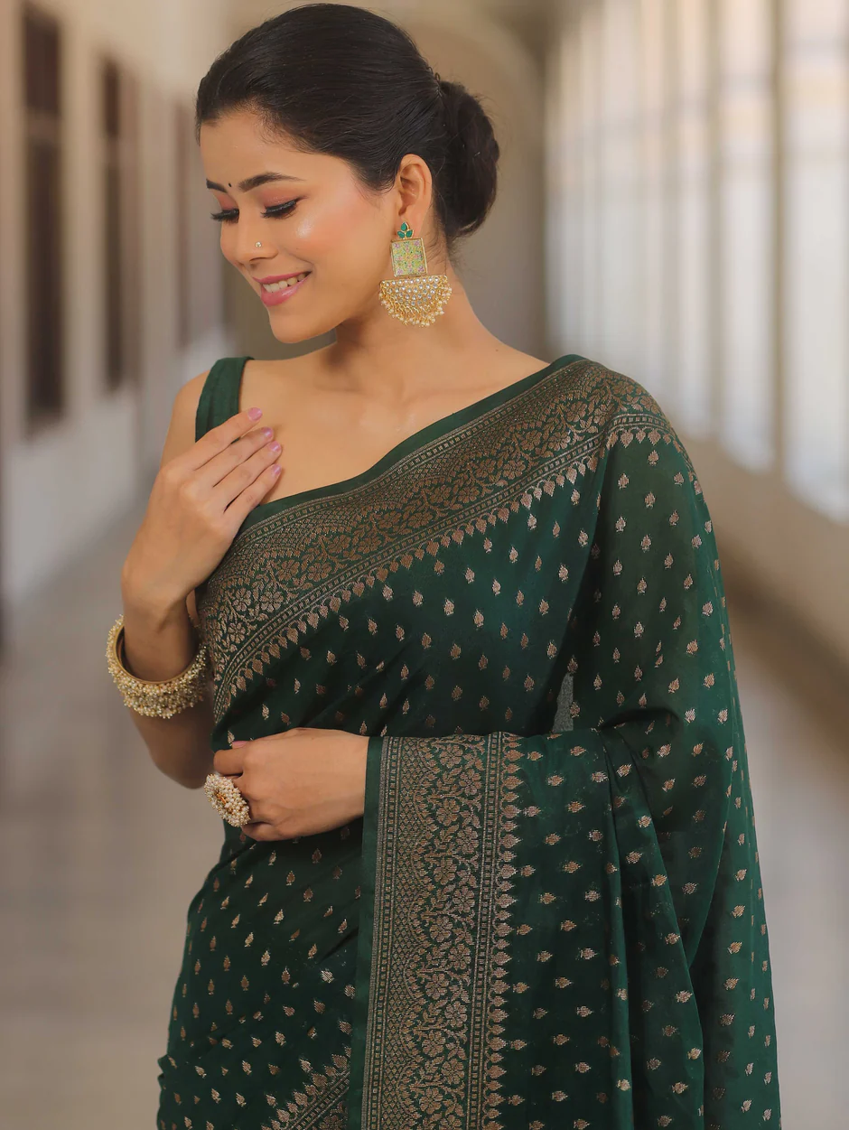 Banarasi Silk Green Saree With Zari Work And Banarasi Blouse - Sareelystore